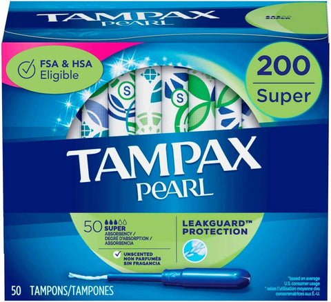 Tampax Pearl Tampons with Plastic Applicator, Super Absorbency, 200 Count, Unscented (50 Count, Pack of 4 - 200 Count Total)