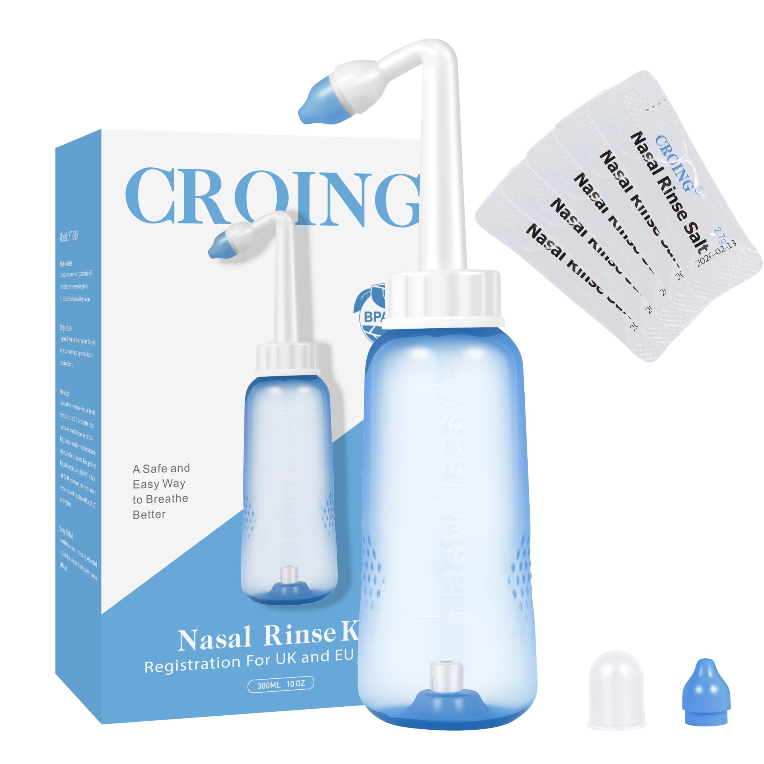 Croing Sinus Rinse Kit with 40 Salt Packs - Neti Pots - Nasal Irrigation- BPA Free - Nasal Rinse Bottle for Sinus and Allergy Re