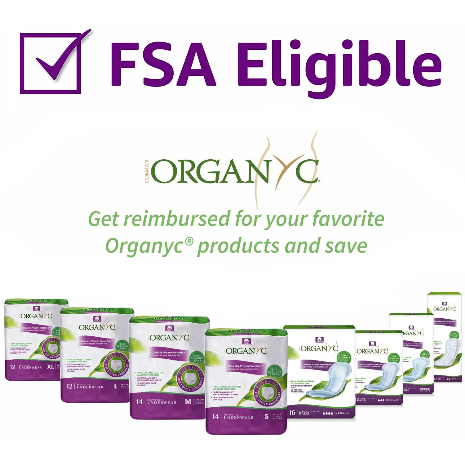 Organyc 100% Organic Cotton Light Incontinence Liners for Bladder Leakage Control, FSA/HSA Eligible, Ultra Thin, Light Flow, 24