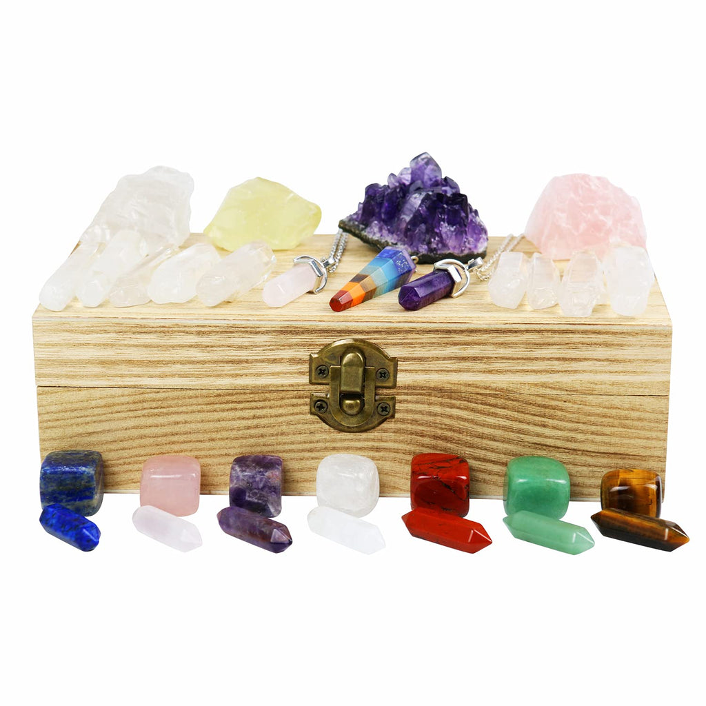 Nvzi Healing Crystals and Stones Kit in Box, Chakra Crystal Set, Amethyst Crystal, Rose Quartz, Citrine, Clear Quartz Wands, Red