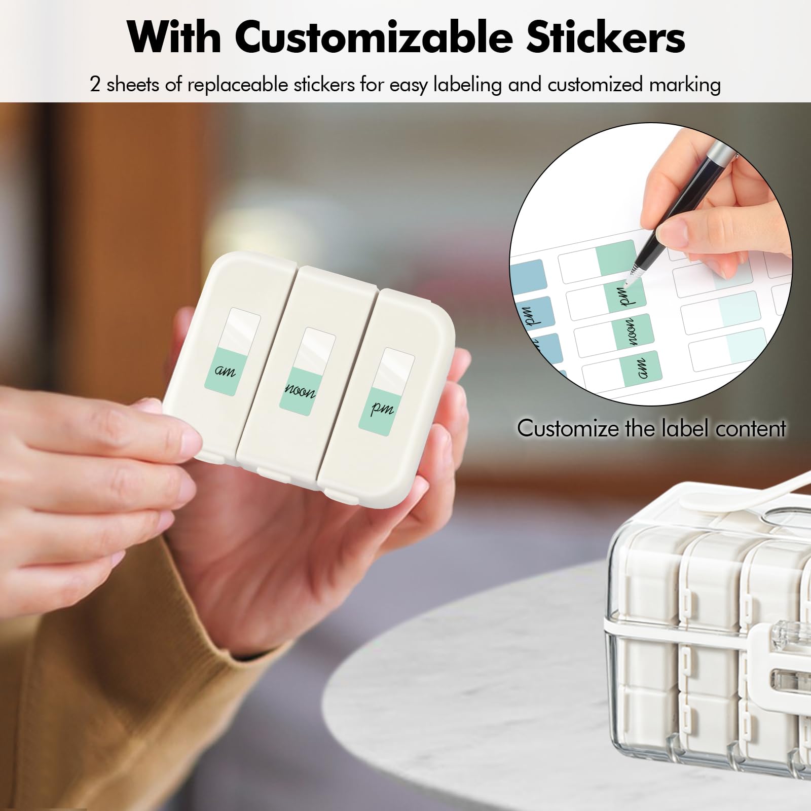 Lunhoo Portable Weekly Pill Box 3 Times a Day, Pill Organizer with 7 Detachable Boxes and Stickers, Airtight Organizer Case for