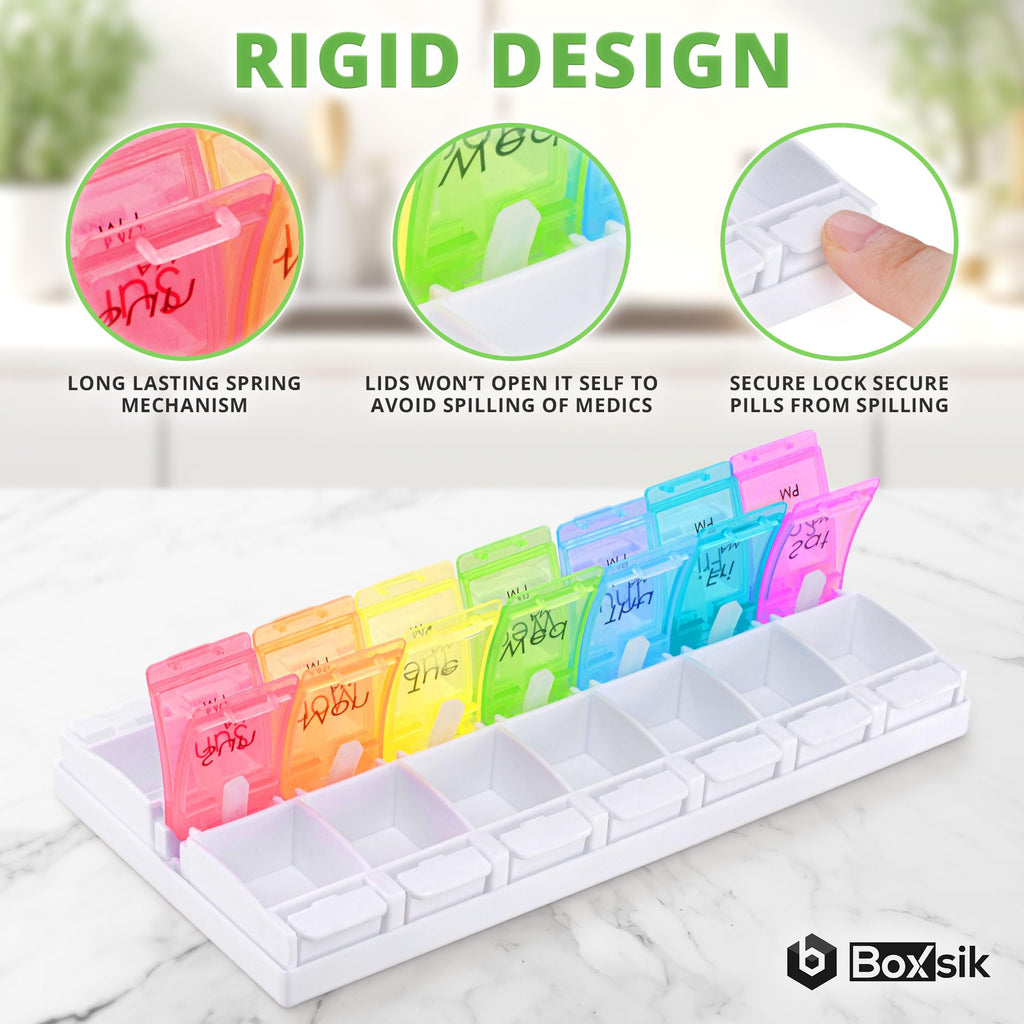 Boxsik Pill Box Organizer (Rainbow), 7-Day 2 Times a Day Medicine Storage Case w/Spring Opening & Detachable Compartments, Weekl