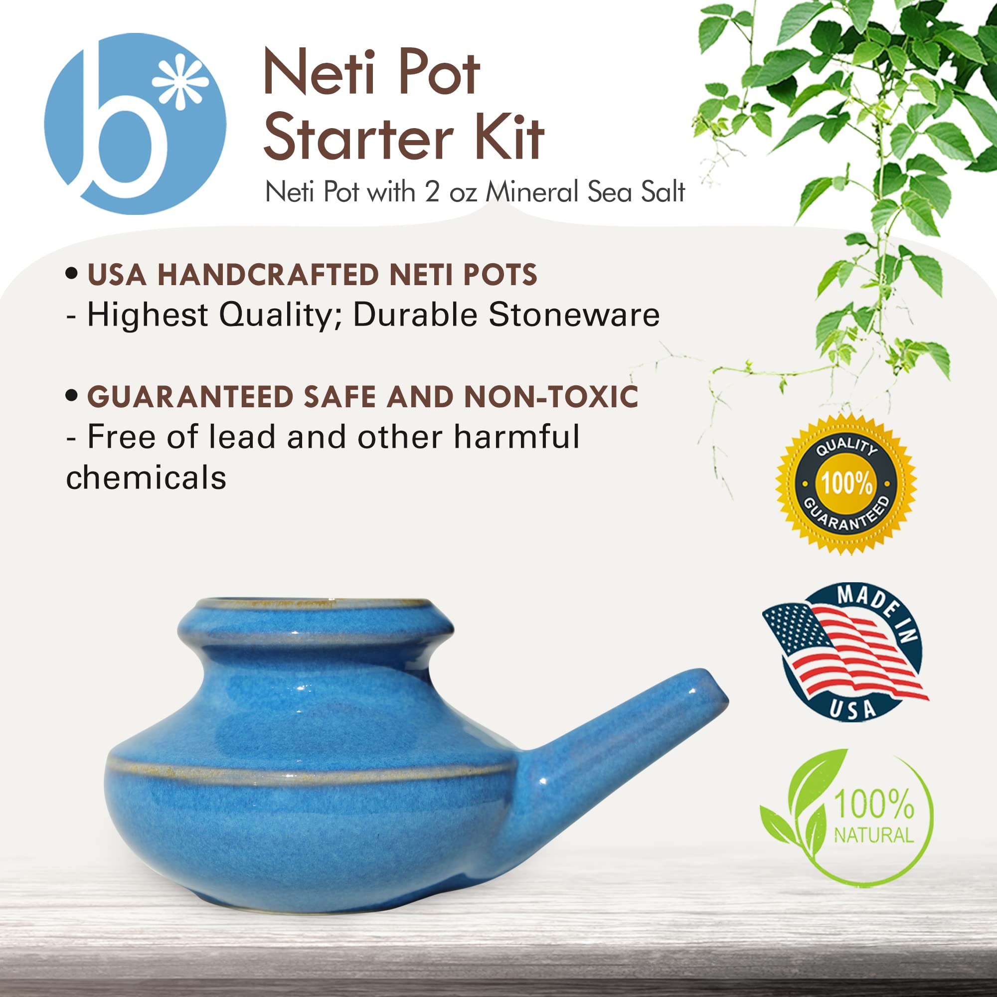 Baraka Neti Pot Tool Kit - Snoring & Saline Solution, Handcrafted Ceramic Dishwasher Safe with 2oz Mineral Sea Salt for Nose Cle
