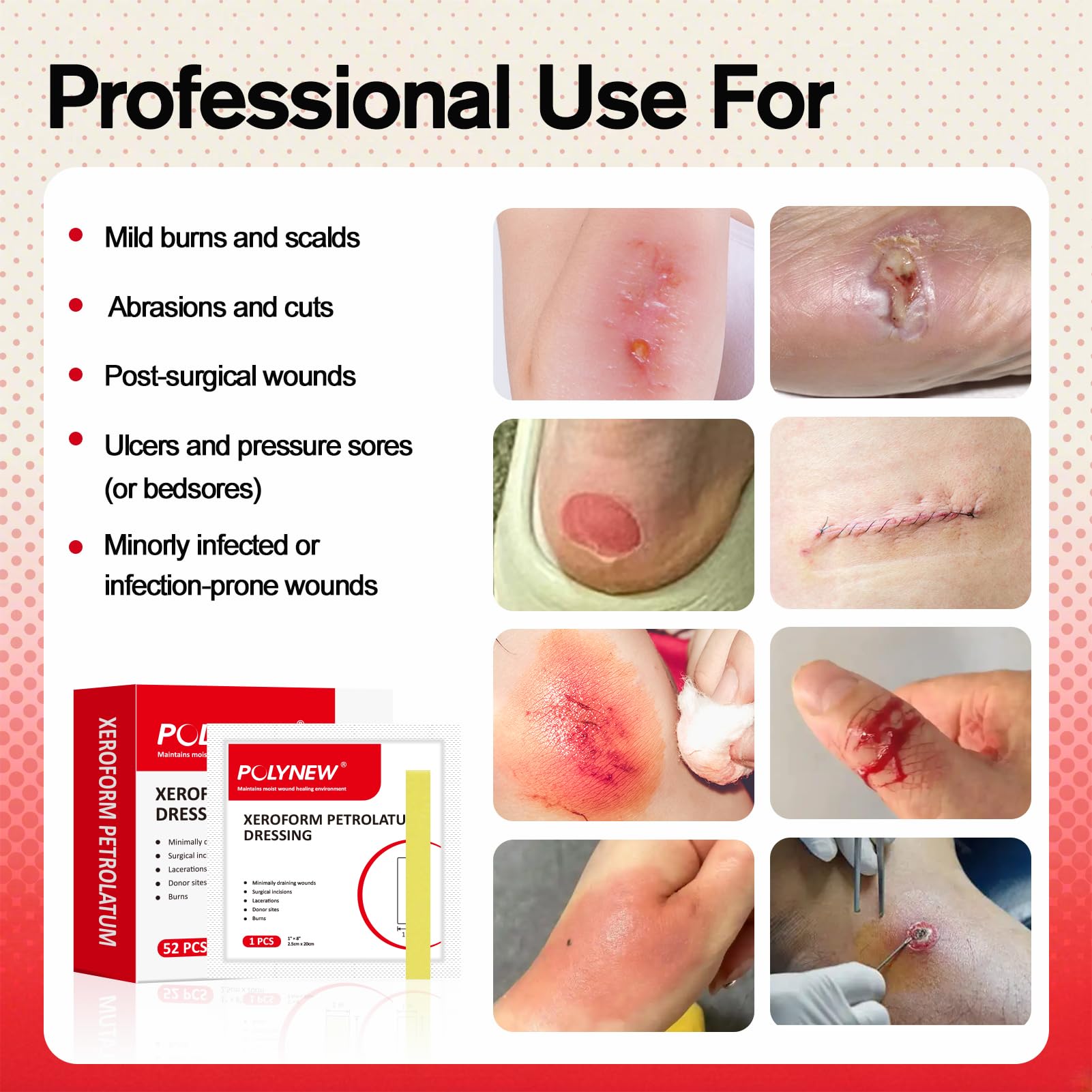 POLYNEW Xeroform Petrolatum Dressing 1x8, 52 PCS Non-Adherent Gauze for Low Exudating Wounds, Fine Mesh Gauze Pads for Burns, Ab