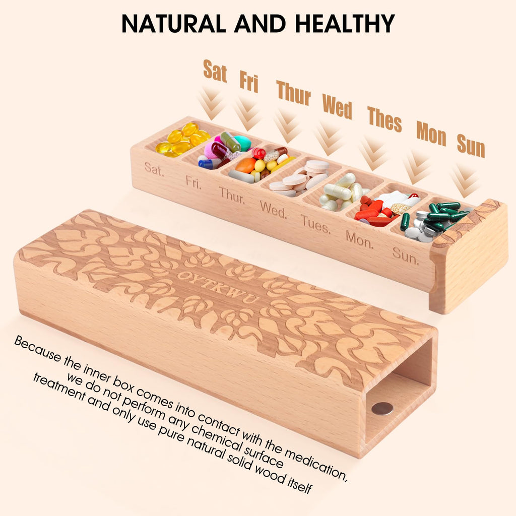OYTKWU Wooden Weekly Pill Organizer 1 time a Day -Daily Pill Box 7 Day, Travel-Friendly, Safe Travel 7 Day Pill Box, Travel Pill