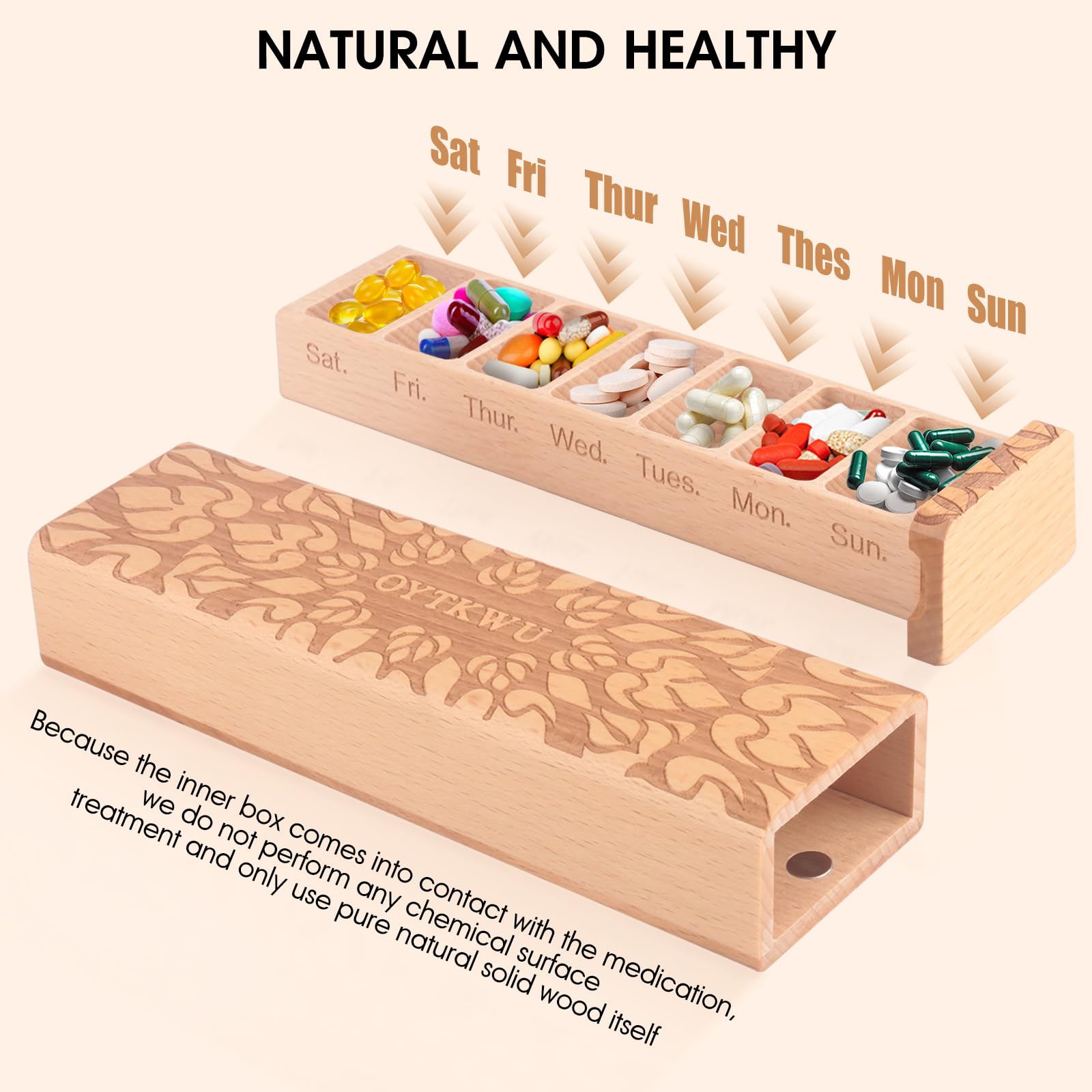 OYTKWU Wooden Weekly Pill Organizer 1 time a Day -Daily Pill Box 7 Day, Travel-Friendly, Safe Travel 7 Day Pill Box, Travel Pill