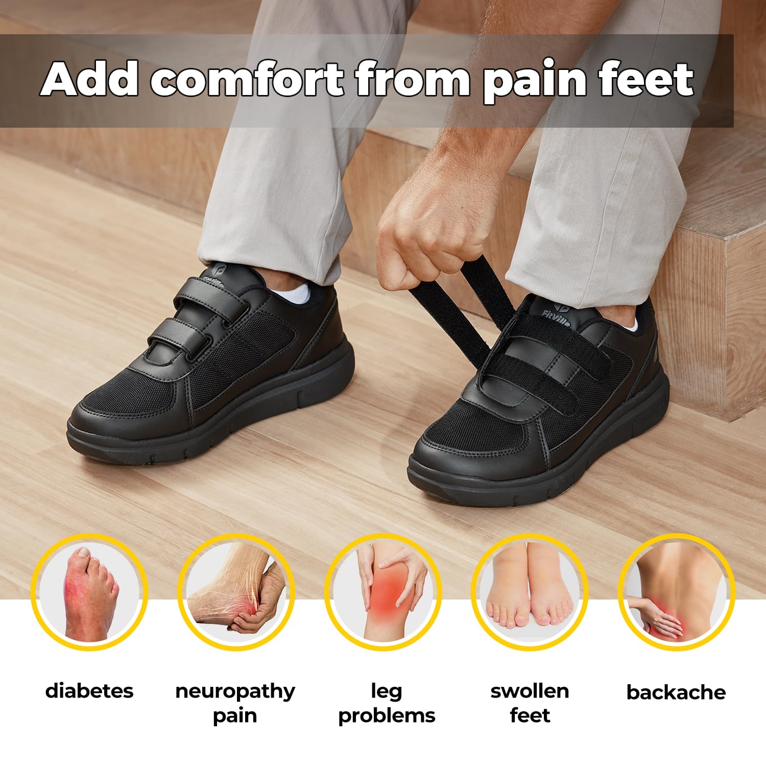 FitVille Diabetic Shoes for Men 10.5 Extra Wide, Breathable, Slip-Resistant, Walking Shoes (Jet Black)