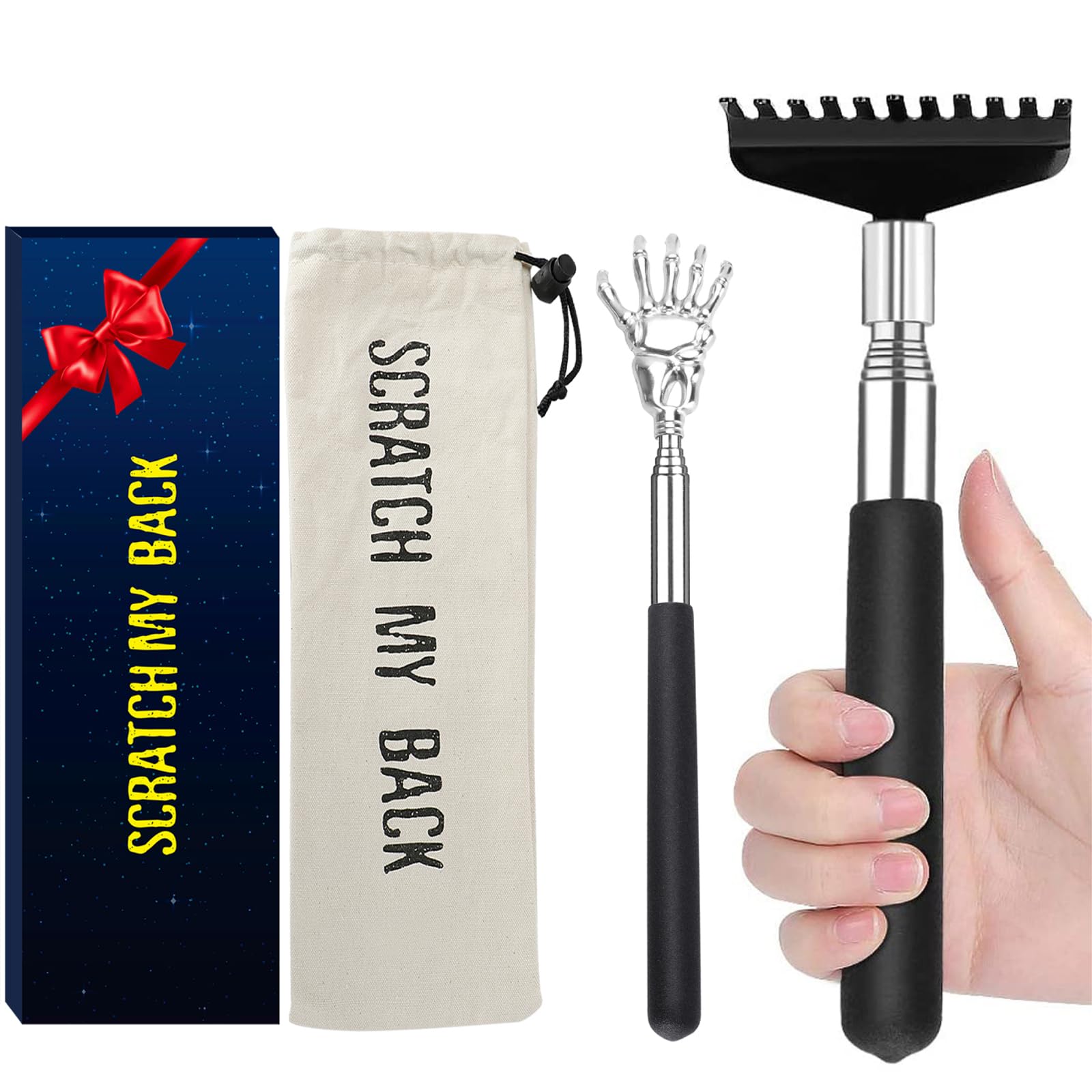Oversized Back Scratcher Gift Set, 2 Pack, Upgraded Metal Stainless Steel Telescoping Back Scratcher Tool with Canvas Carrying B