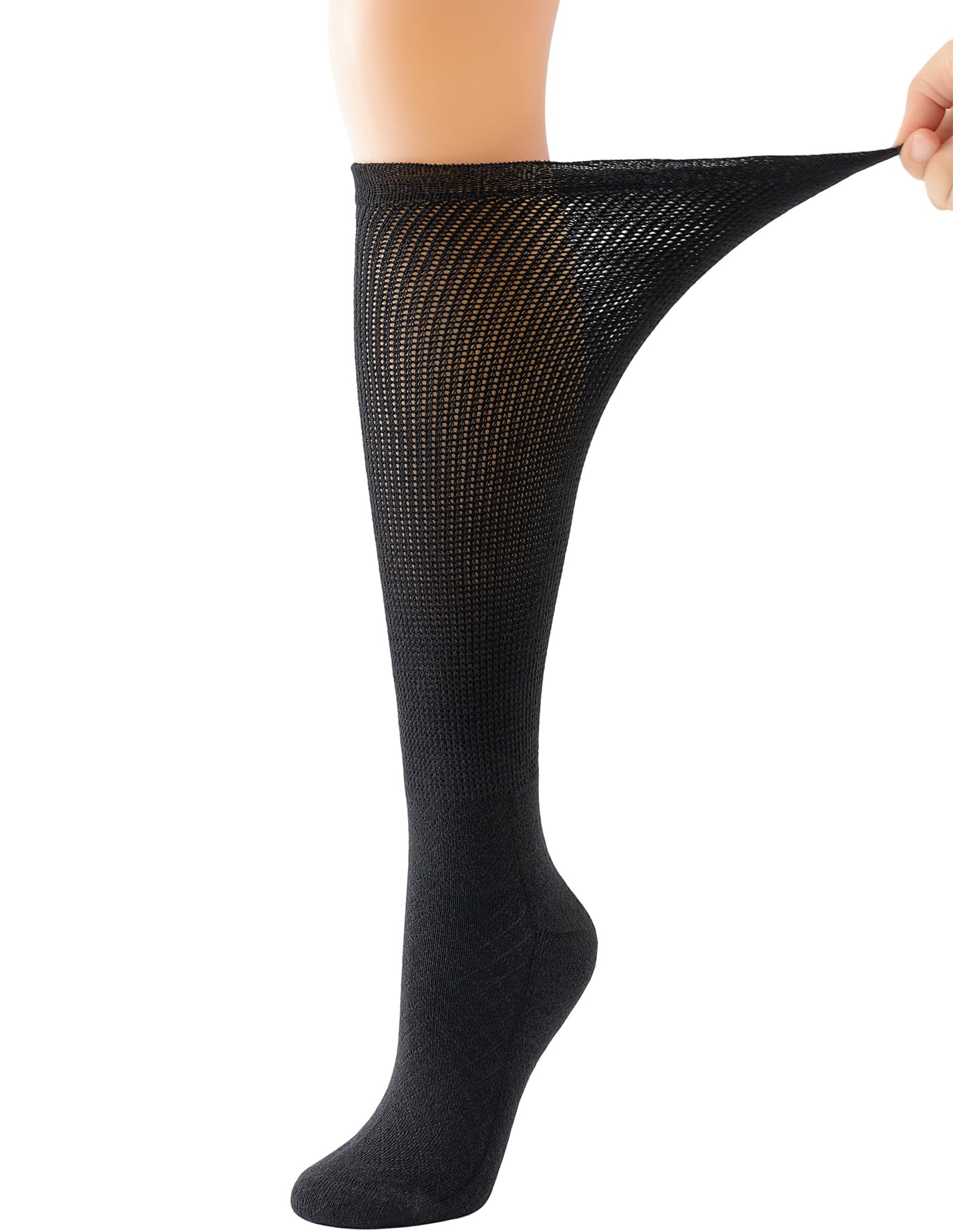 Yomandamor 4 Pairs Womens Diabetic Knee-Hi Seamless Socks Black Long Lace Non-binding Sock,9-11