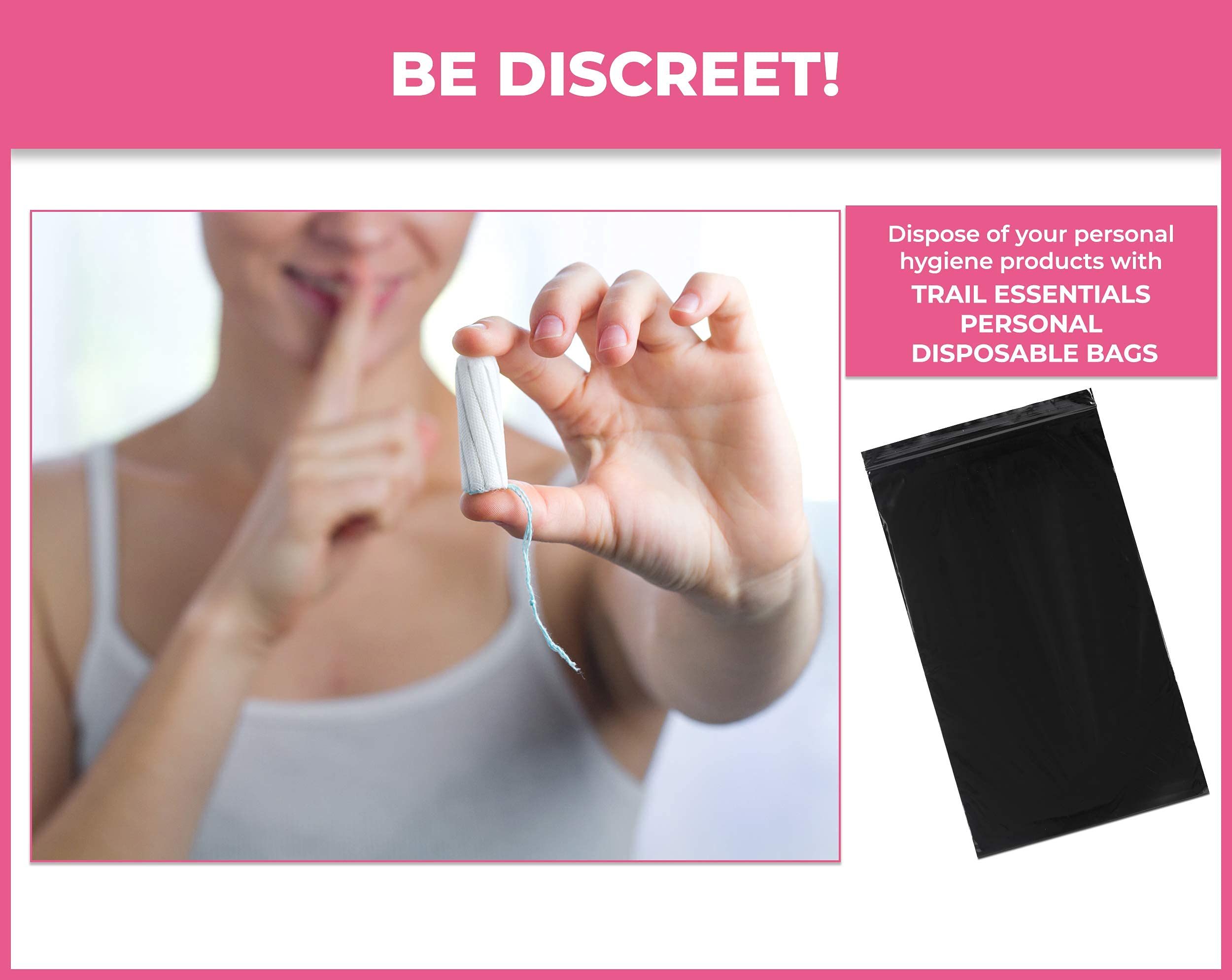 Trail Essentials Feminine Personal Disposal Bags- 100 Black Opaque Bags for Sanitary Disposal, with Purse Pouch. Discreet Dispos