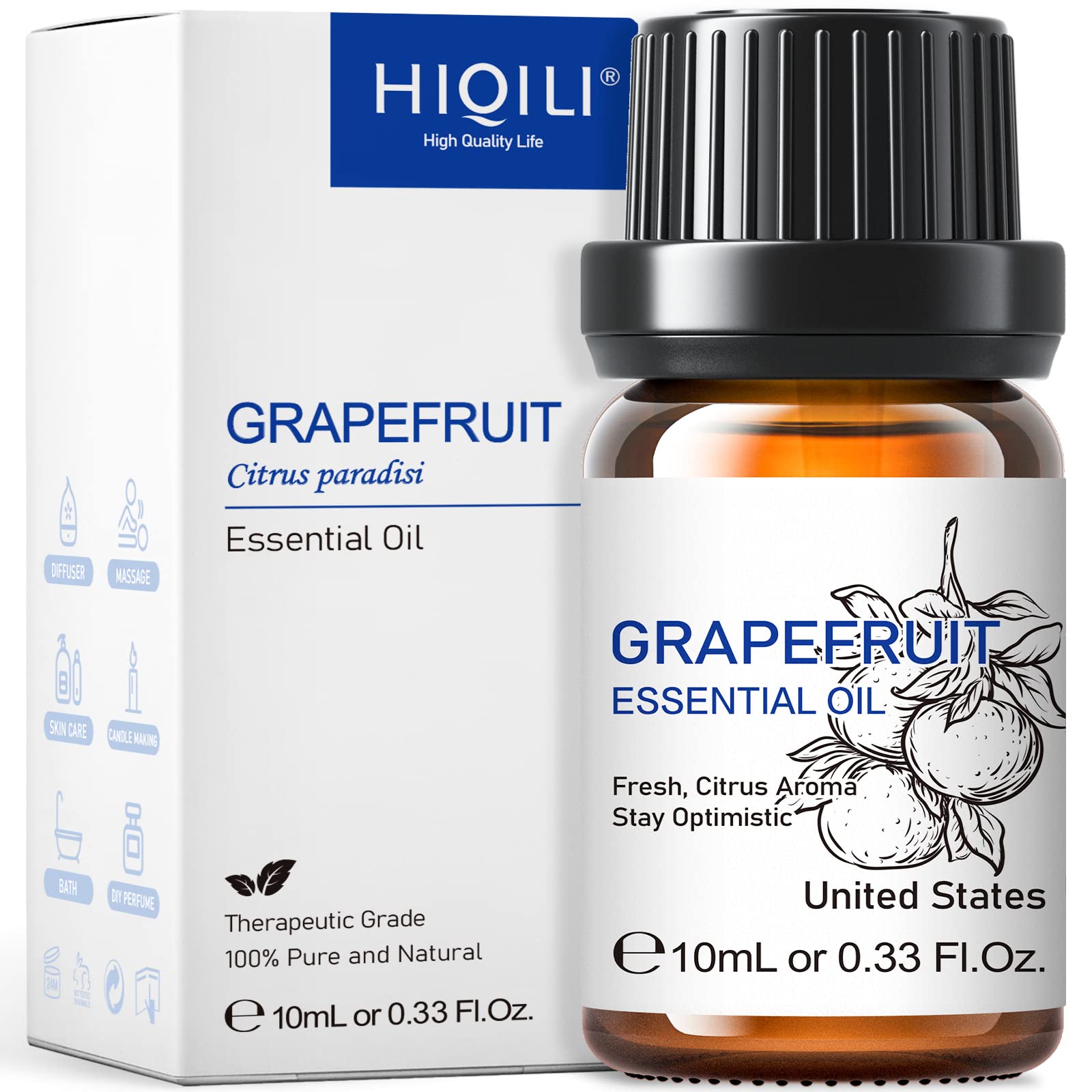 HIQILI Grapefruit Essential Oil, for Diffuser, Skin Care, 100% Pure and Natural - 0.33 Fl Oz
