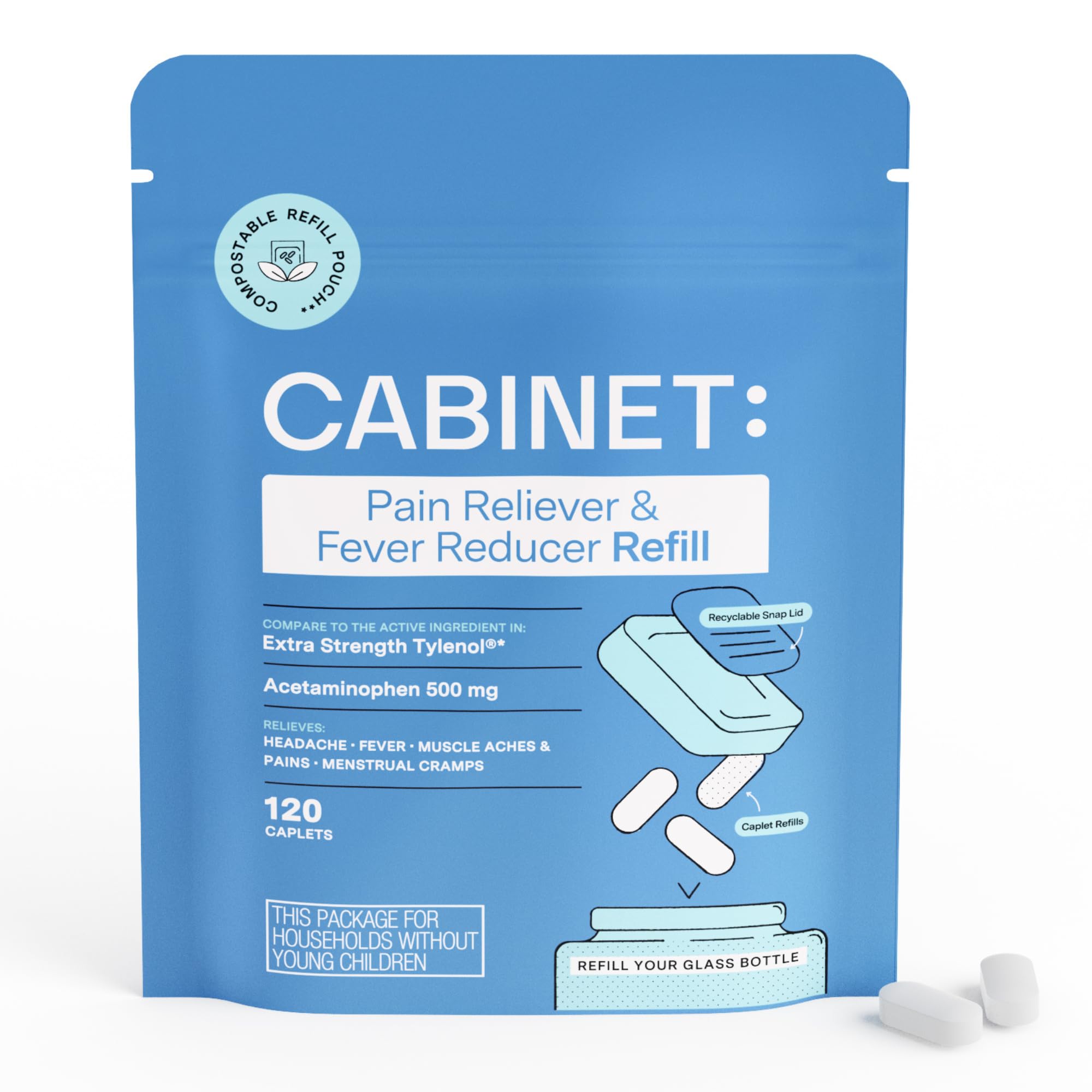 Cabinet: 500mg Acetaminophen for Headache Relief, Toothaches, Sore Throat, and Fever Reducer, Includes 1 Refillable Medicine Jar