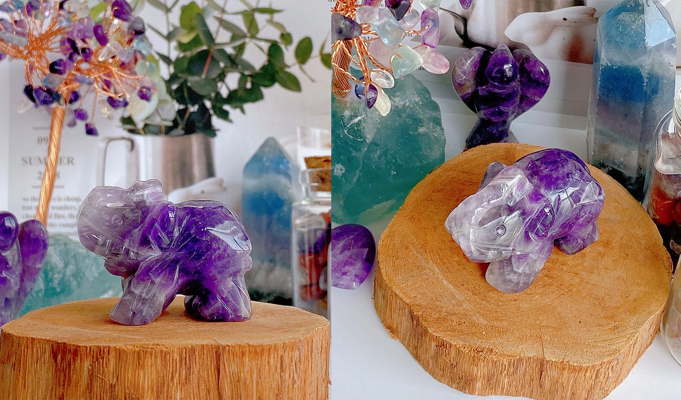 QINJIEJIE Amethyst Elephant Decor Statue Crystals Decor Healing Stones Crystal Purple Pocket Figurines Cute Hand Carved Sculptur