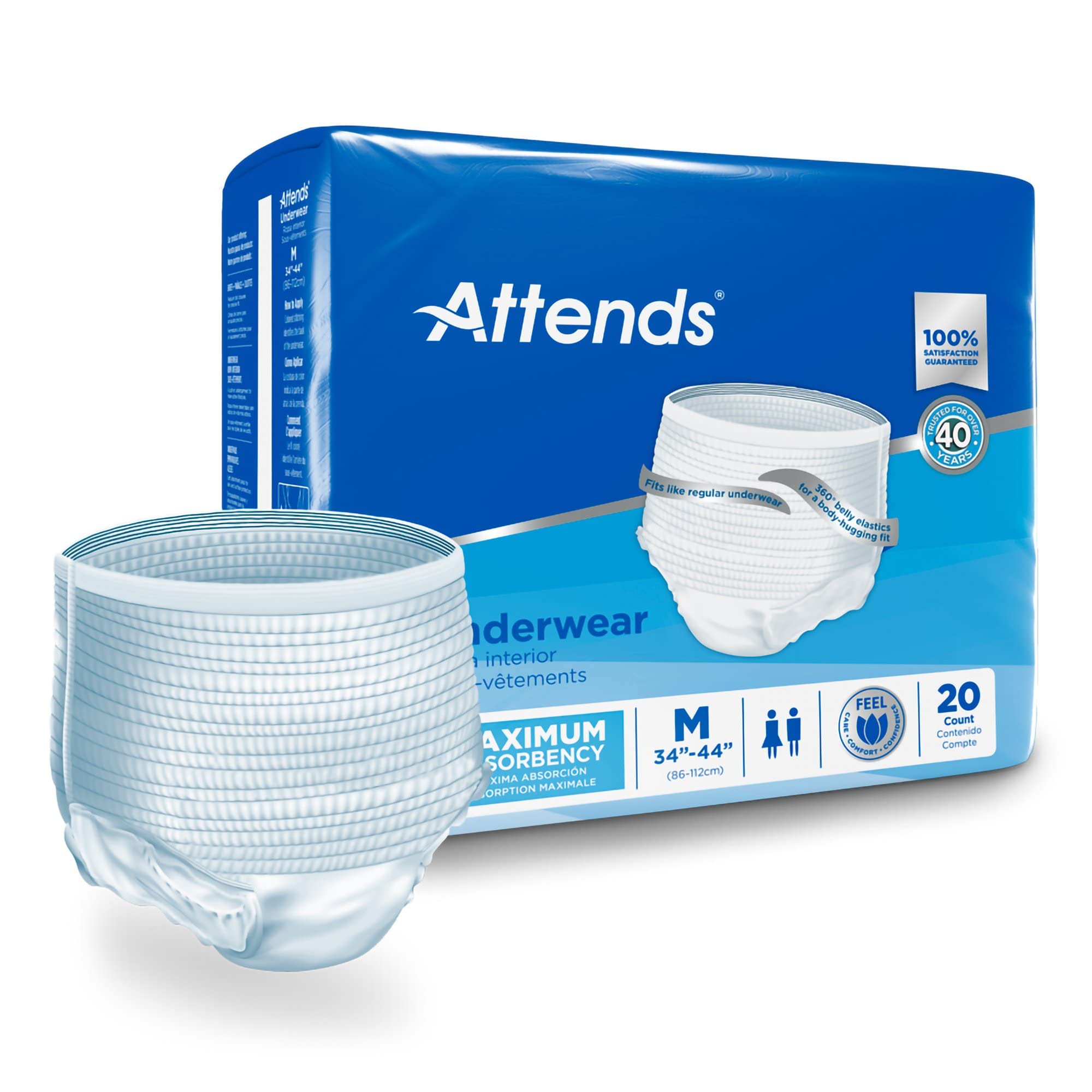 Attends Protective Underwear with DermaDry Technology for Adults Incontinence Care, Medium, Unisex, White, 80 Count, Pack of 4