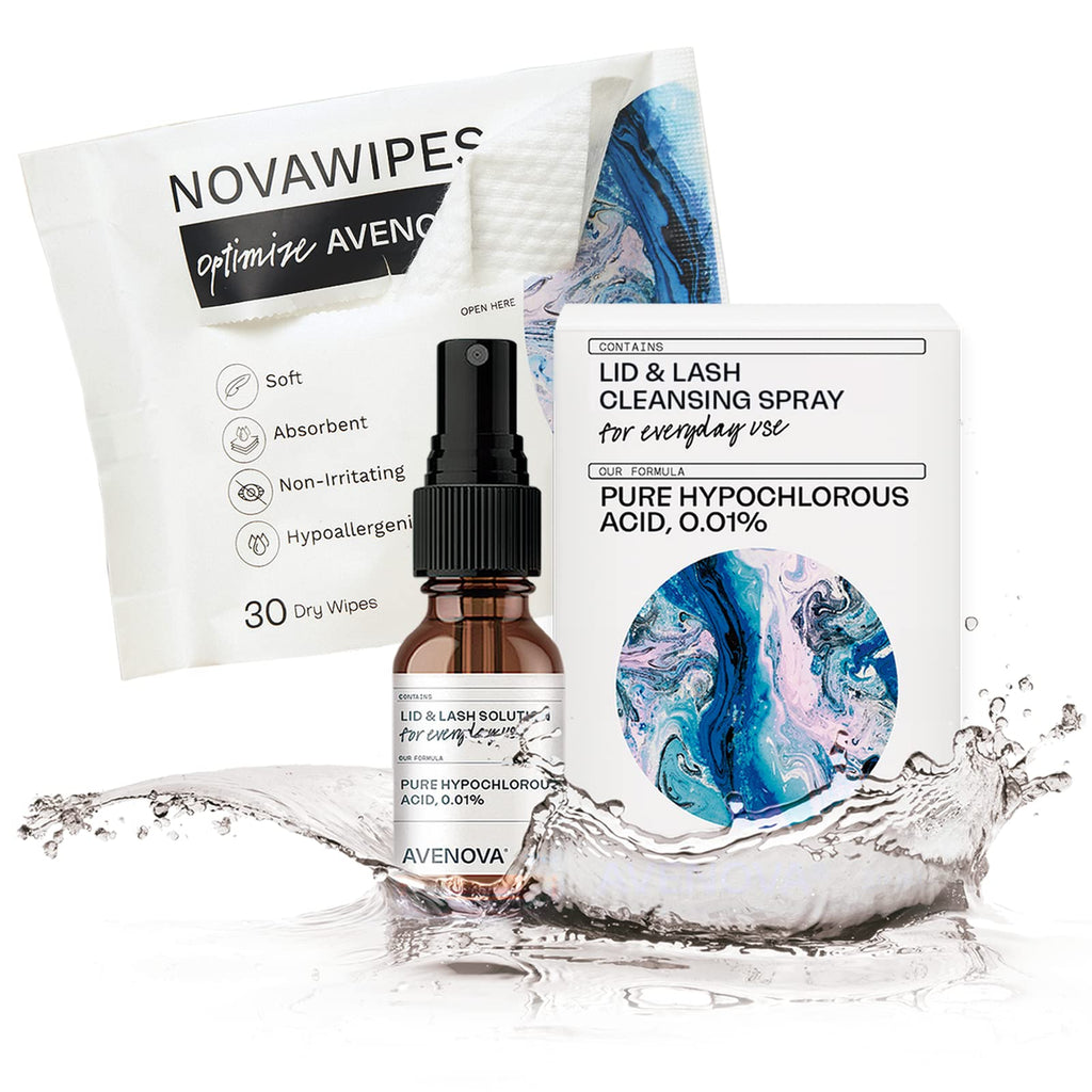 Avenova Eyelid and Eyelash Cleanser Spray with 30 Dry Wipes - Gentle Everyday Hypochlorous Acid Lid and Lash Cleansing Spray for