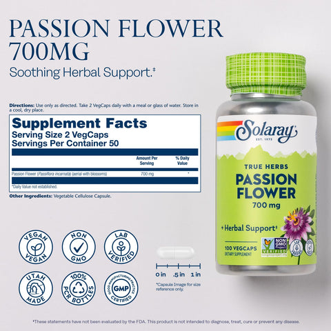 SOLARAY Passion Flower 700 mg Whole Aerial - Soothing Herbal Support - Passion Flower Capsules - Vegan, Non-GMO, 60-Day Guarante
