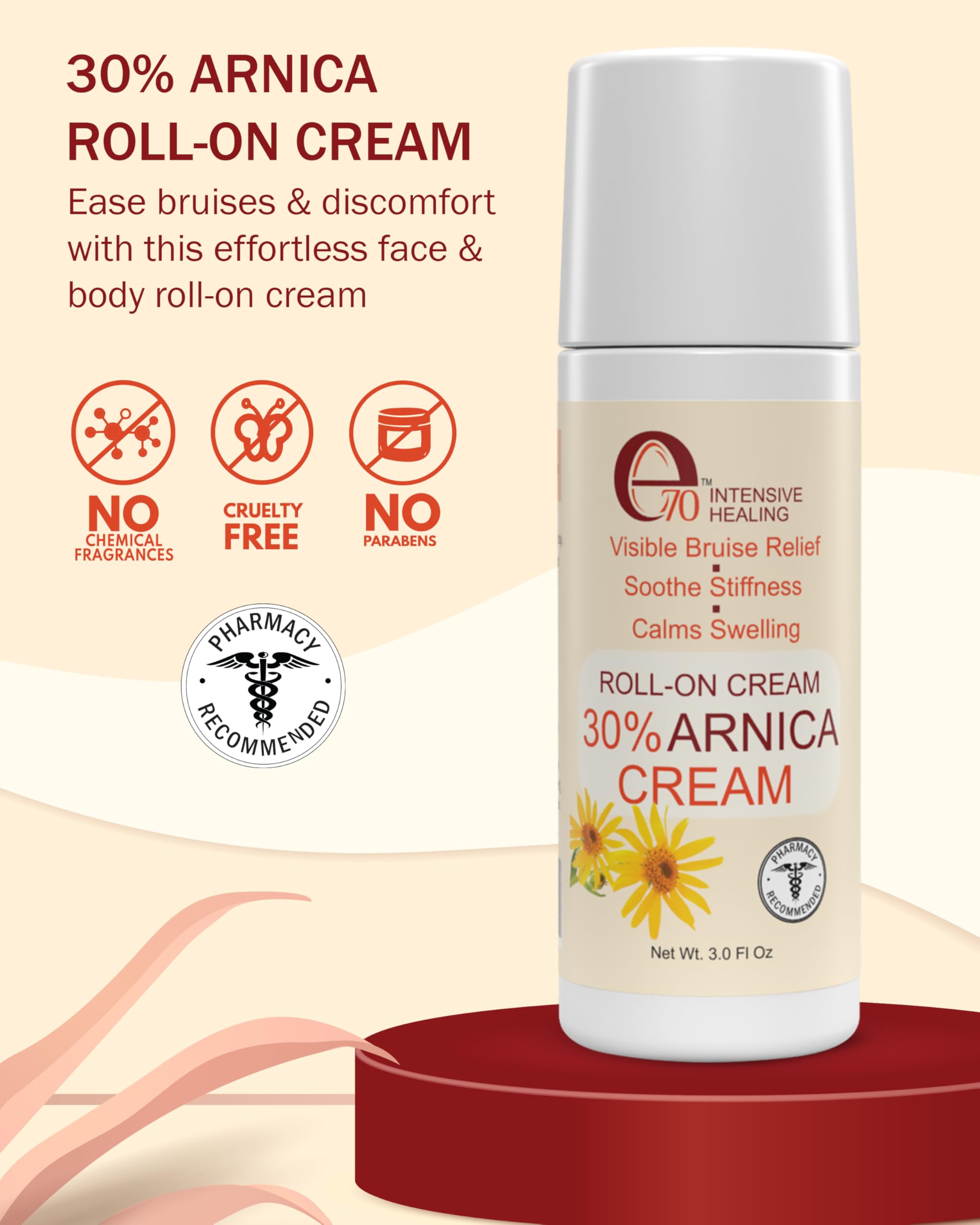 e70 Arnica Roll On - Arnica Cream to Remove Bruises & Soothe Sore Muscles & Joints with 30% Arnica Montana, Hyaluronic Acid & L-