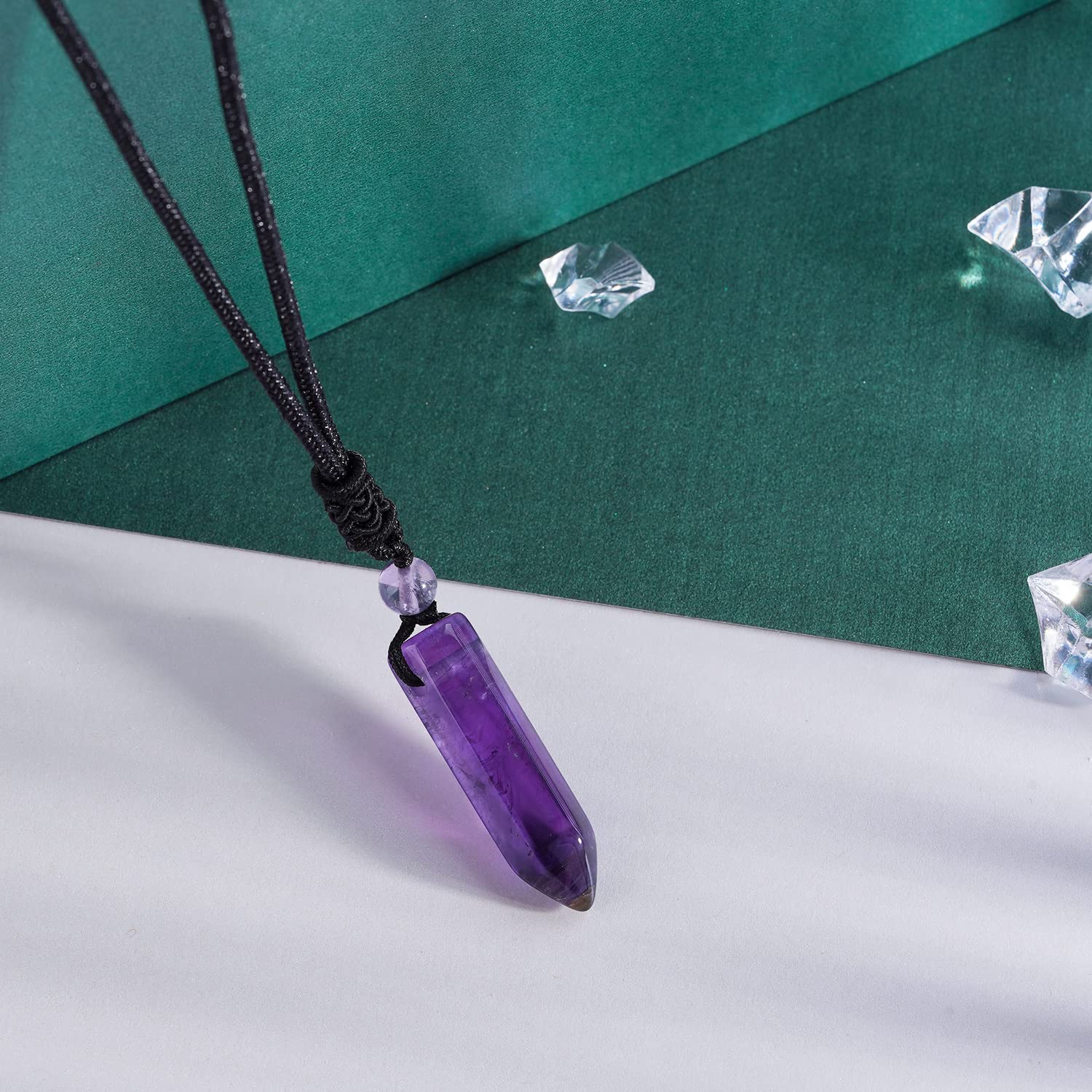 TIKCAUZ Hexagonal Purple Crystal Necklace Amethyst Point Pendant with Adjustable Rope Natural Purple Crystal Stone Handmade Jewe