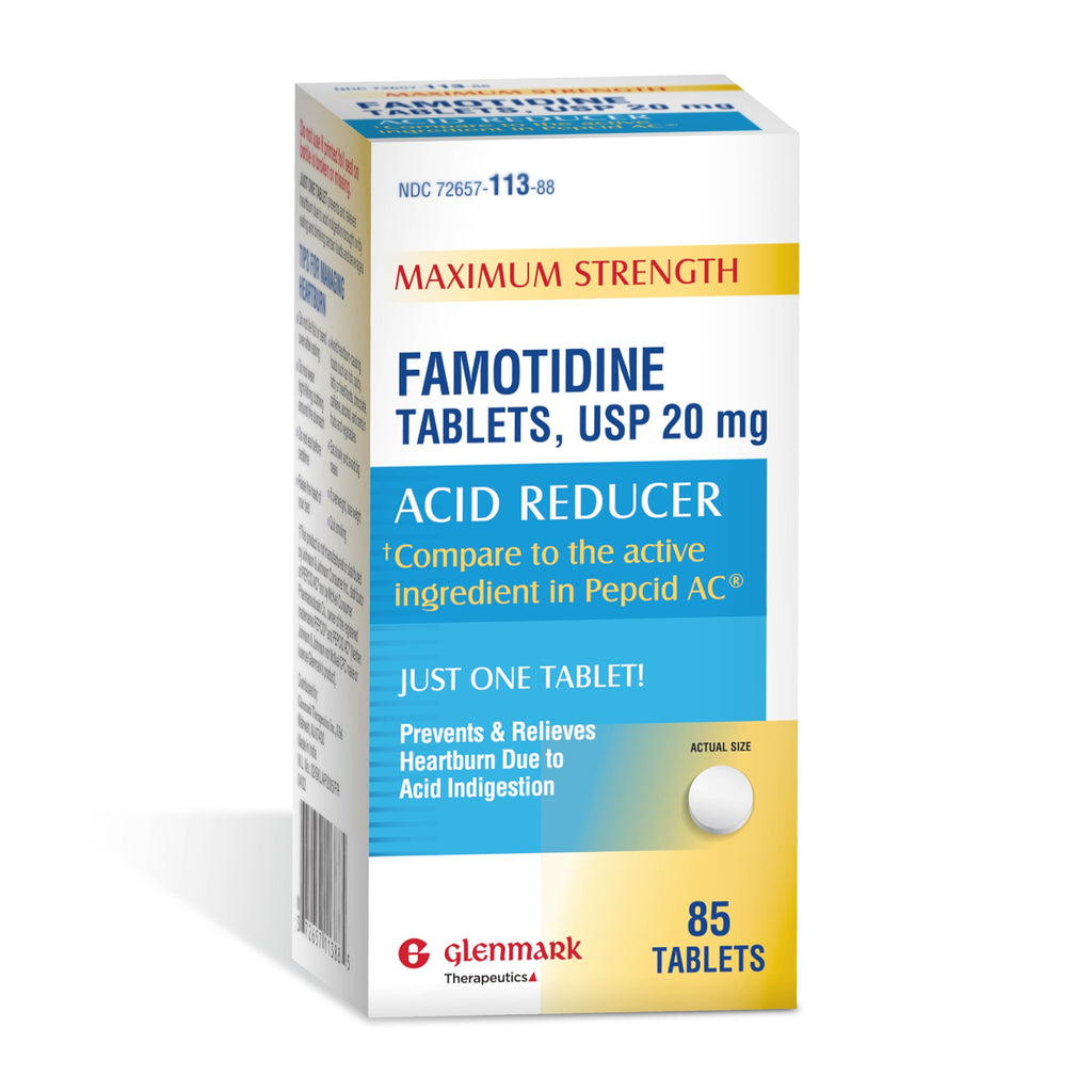 Glenmark Original Strength Famotidine Tablets, 20 mg, Acid Reducer for Heartburn Relief, 85 Count