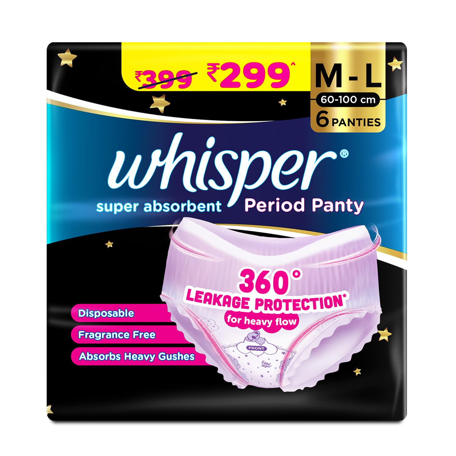 Whisper Super Absorbent Period Panty, 6 ML Pants, 360 Degree Leakage Protection* For Heavy Flow, Panty Like Fit, Full Back Cove