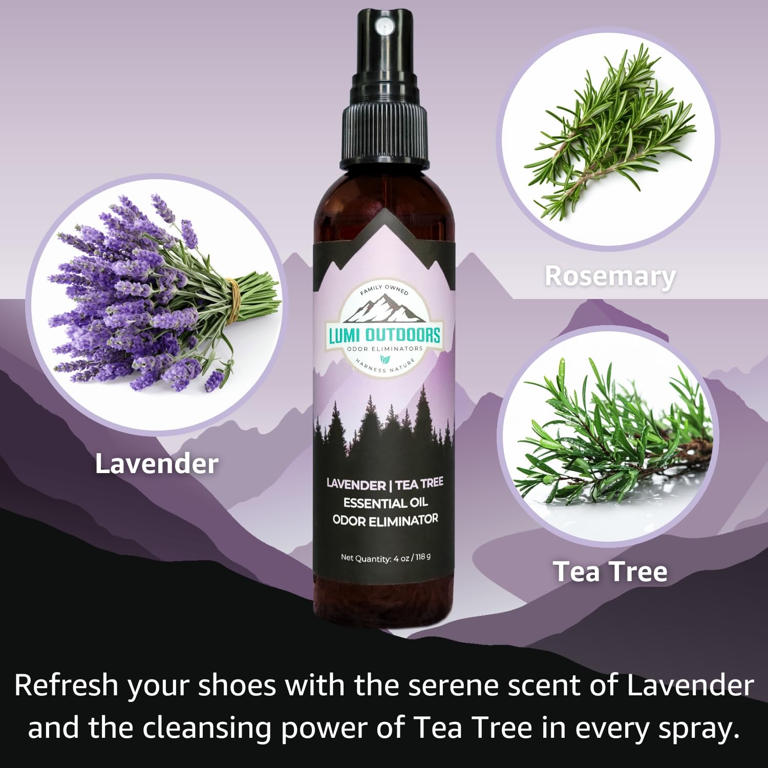 Lumi Outdoors Natural Shoe Deodorizer Spray 3 Pack Bundle - Lemon Eucalyptus, Citrus Tea Tree, Lavender Tea Tree