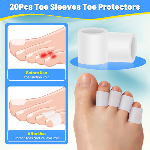 gel Toe Protectors, Open Toe Sleeves Toe Tubes Toe caps (20 PcS),New Material, great for Bunion Blisters, corns, Hammer Toes, To