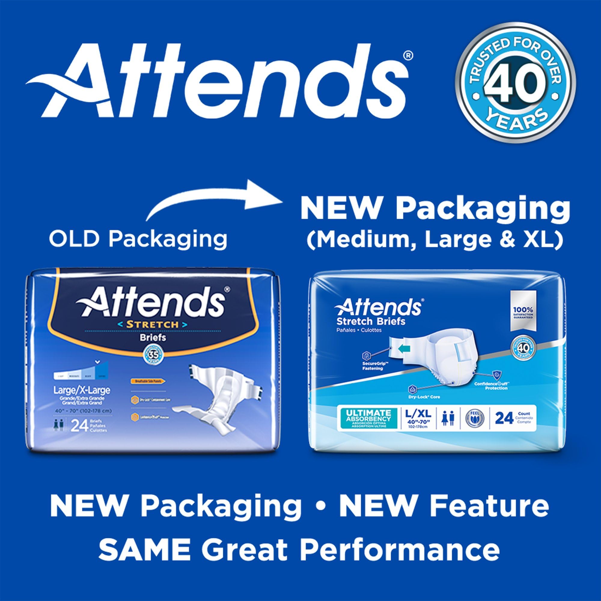 Attends Stretch Adult Disposable Briefs, Medium/Regular, 31-52 Waist with Tab Closure, Ultimate Absorbency with Dry-Lock Contain