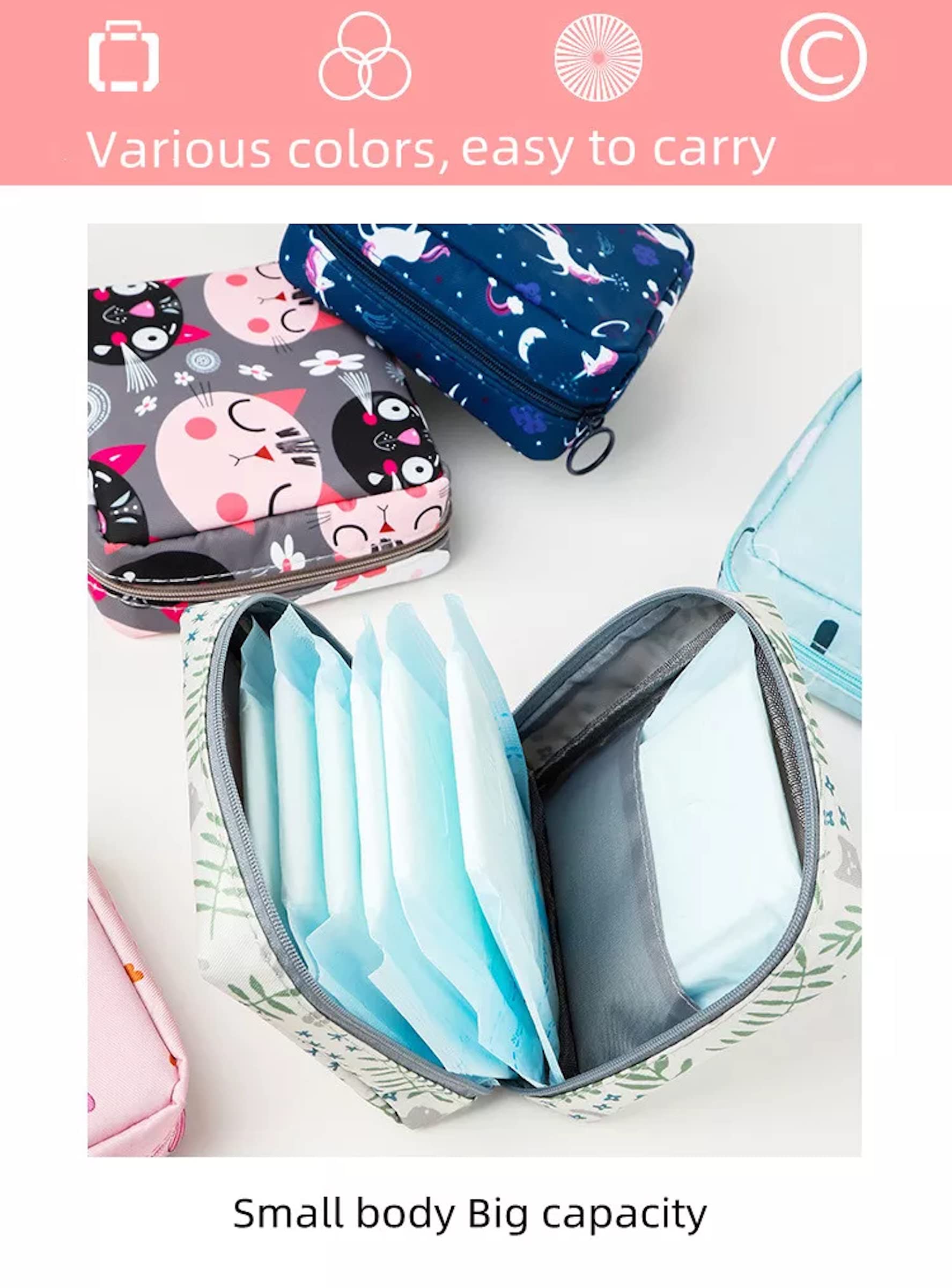 Adorable Pink Peri - Reusable Sanitary Napkin Pads Storage Bag Portable for Women Girls | Made of Nylon + Water Resistance + Reu