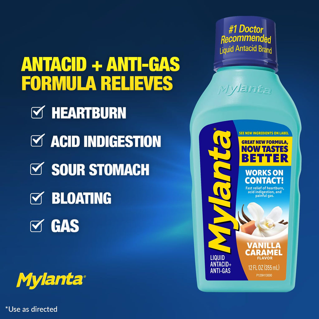 Mylanta Heartburn and Gas Relief, Liquid Antacid, Vanilla Caramel Flavor, 12 Fluid Ounce
