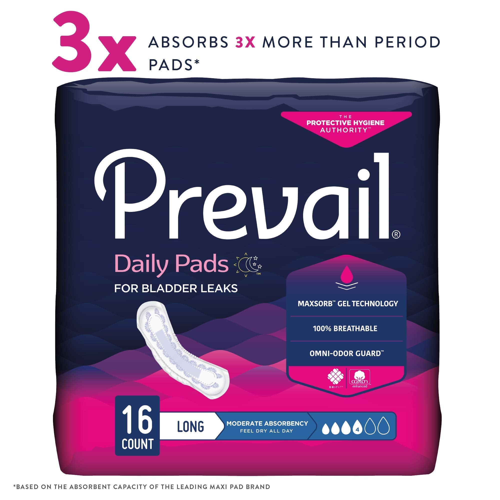 Prevail Feminine Pads, Moderate Long, 16 Count, Discreet Comfort, Reliable Bladder Leakage Protection, Innovative Design