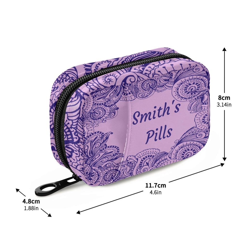 Custom Pill Box 7 Day Pill Case Bag Purple Floral Paisley Personalized Name Travel Pill Organizer Bag with Zipper Portable Weekl