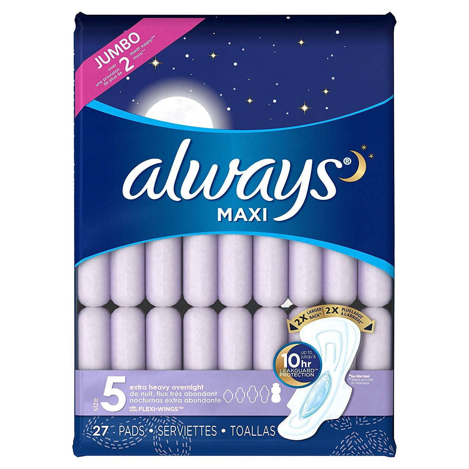 Always Maxi, Size 5, Extra Heavy Overnight Pads with Flexi-Wings, Unscented, 27 Count. 2 Pack. (Includes (2) 27-Count Packages S