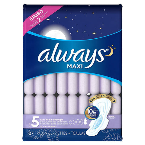 Always Maxi, Size 5, Extra Heavy Overnight Pads with Flexi-Wings, Unscented, 27 Count. 2 Pack. (Includes (2) 27-Count Packages S