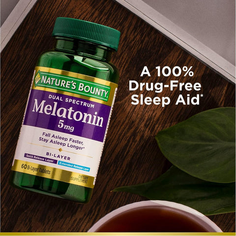 Nature's Bounty Melatonin 5mg Dual Spectrum, 100% Drug Free Sleep Supplement, Quick Release and Extended Release, Promotes Relax