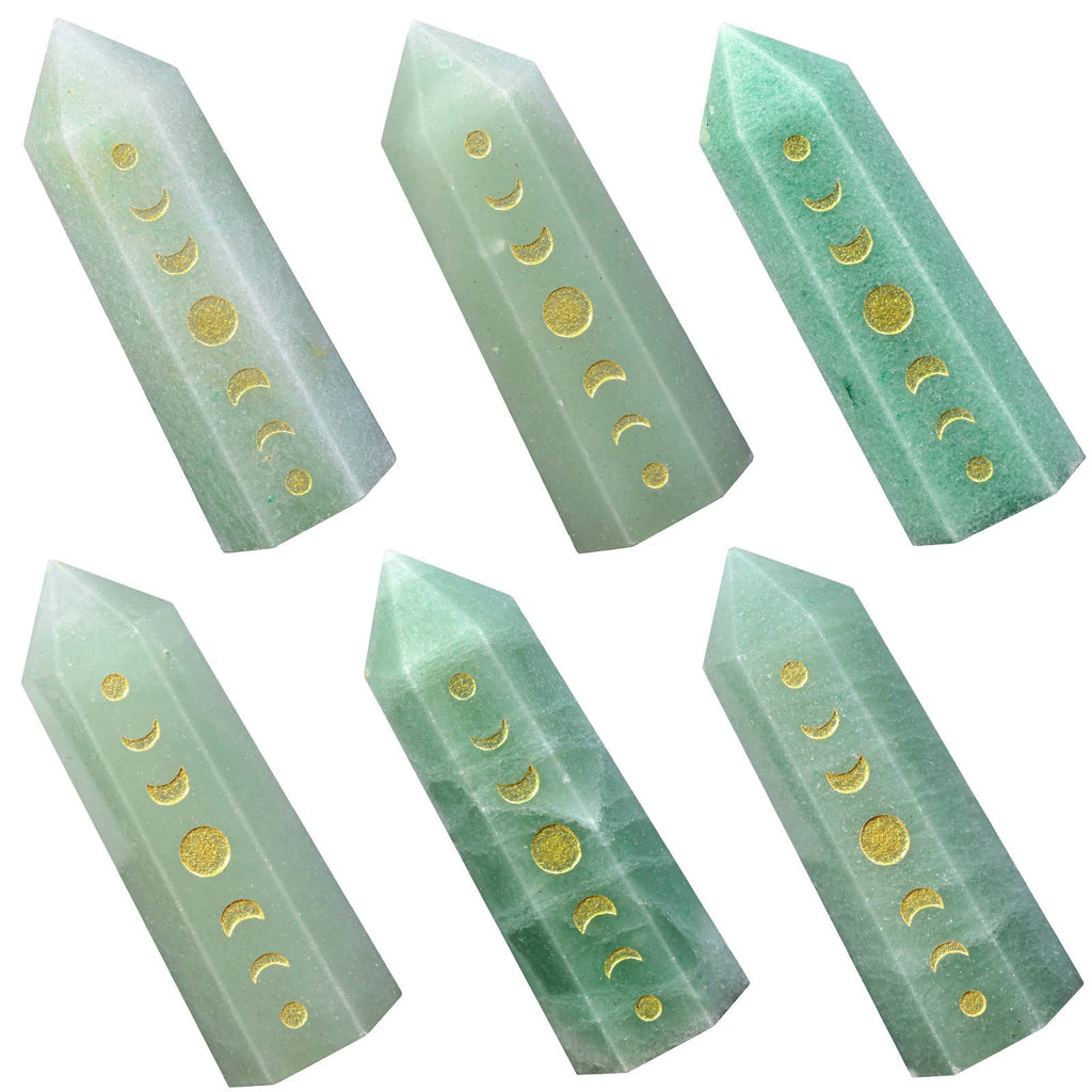 Amogeeli Wicca Moon Phase Green Aventurine Stone Point Wand for Reiki Meditation, 6 Faceted Prism Healing Stone Decoration for H