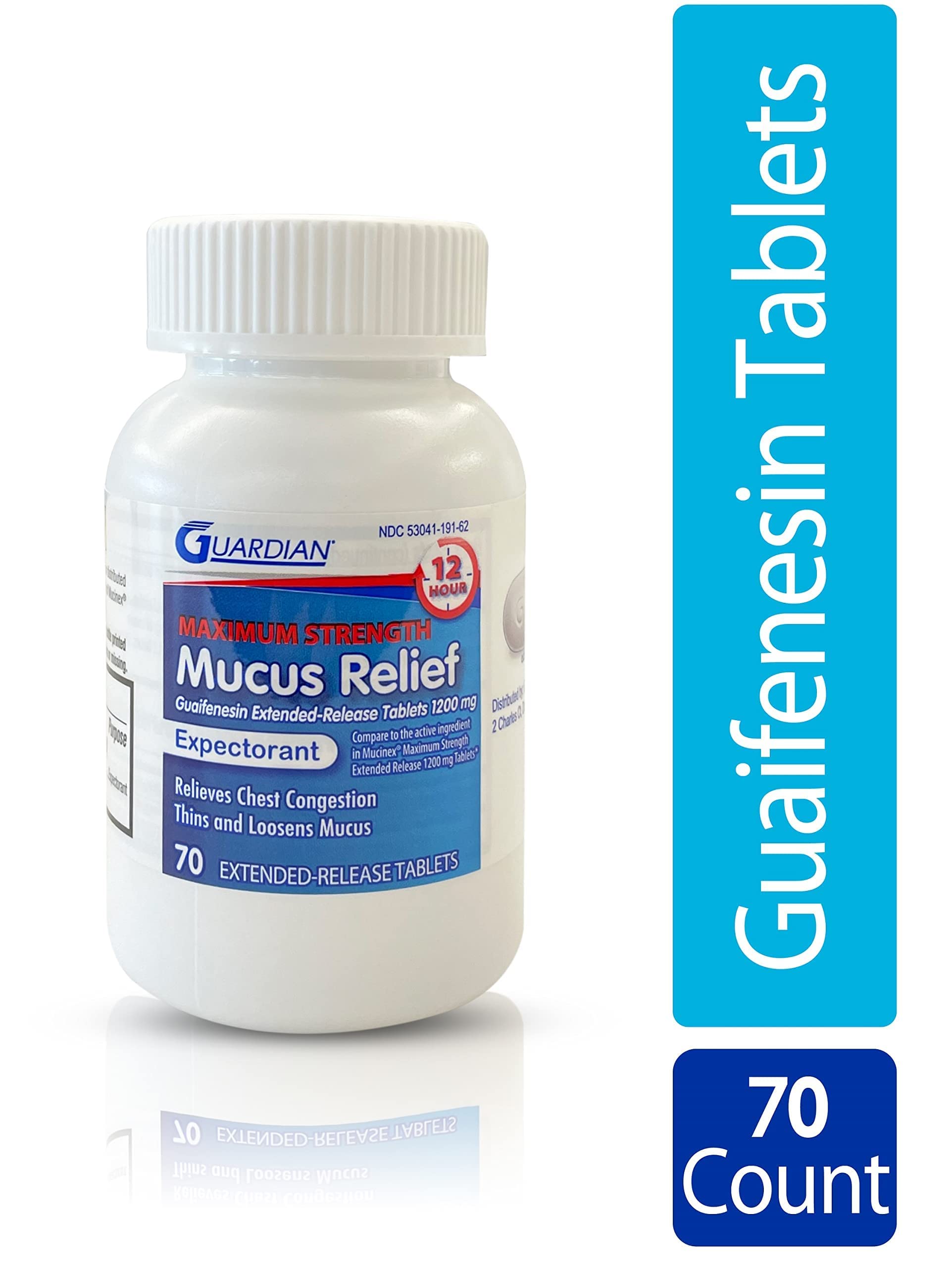 Guardian Mucus Relief 12 Hour (70 Count) Extended Release Guaifenesin, 1200mg Maximum Strength, Chest Congestion Expectorant Tab