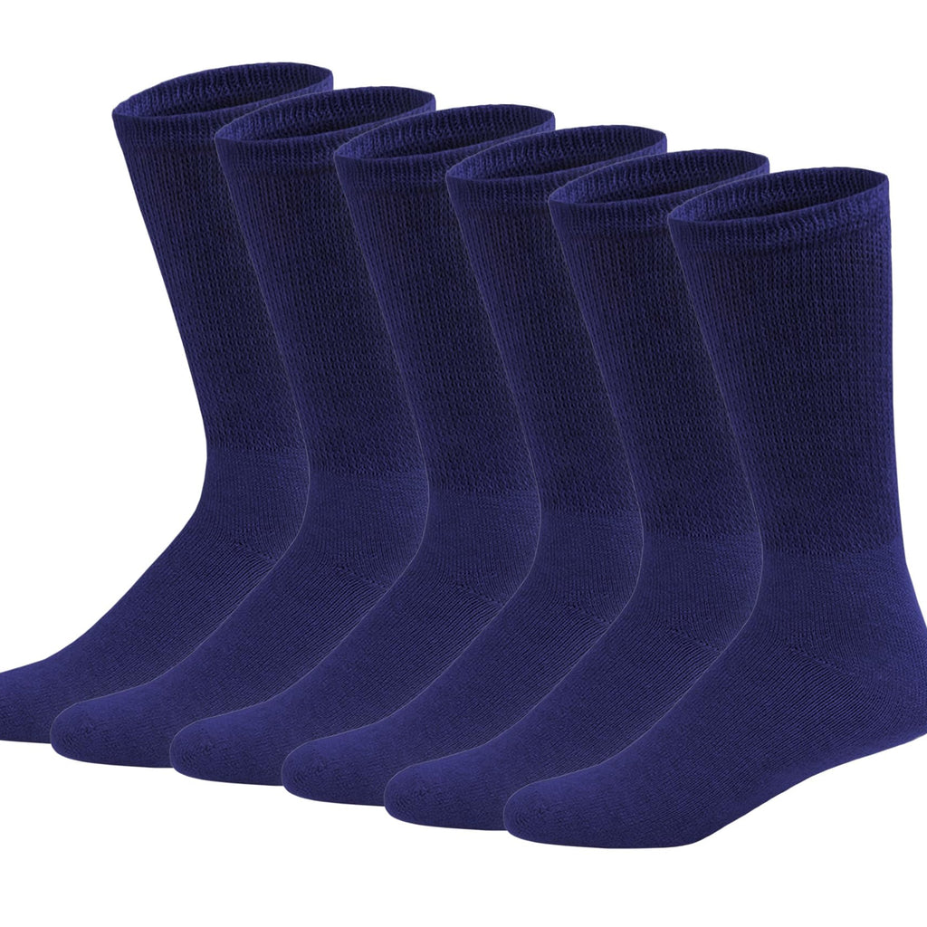 6 Pairs of Cotton Diabetic Neuropathy Crew Socks (9-11, Fits Men's shoe size 7-9.5, Navy)