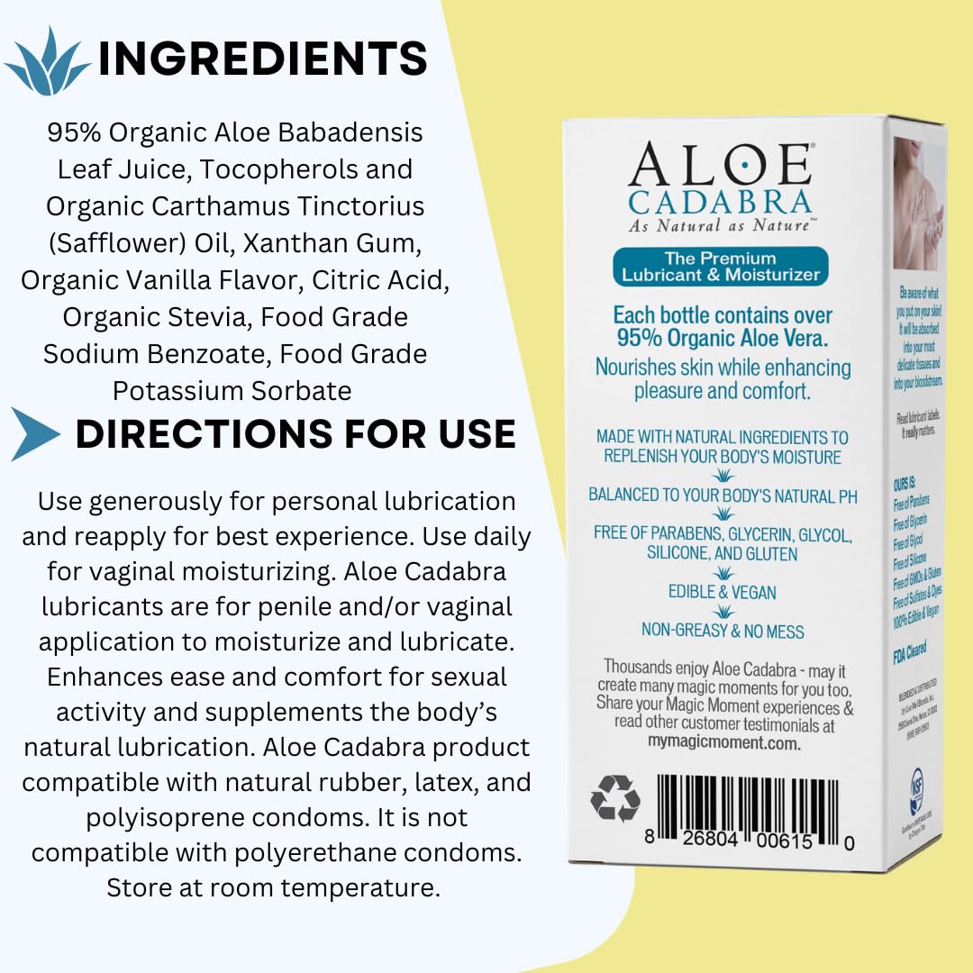 Aloe Cadabra Flavored Personal Lubricant and Vaginal Moisturizer, Organic Edible Aloe Lube for Men, Women and Couples, Non-Stain