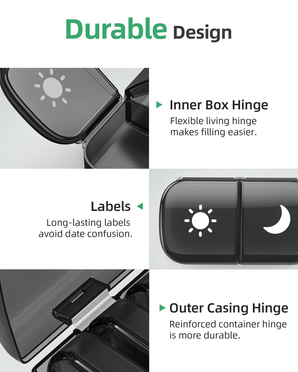 PULIV Extra Large Weekly Pill Organizer 2 Times a Day, One-Side Open Pill Box 7 Day for Easy Filling, Black Privacy Protection A