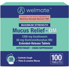 WELMATE Maximum Strength Mucus Relief DM - 1200mg Guaifenesin & 60mg DXM, 12-Hr Cough Suppressant & Expectorant, Bi-Layer Tablet