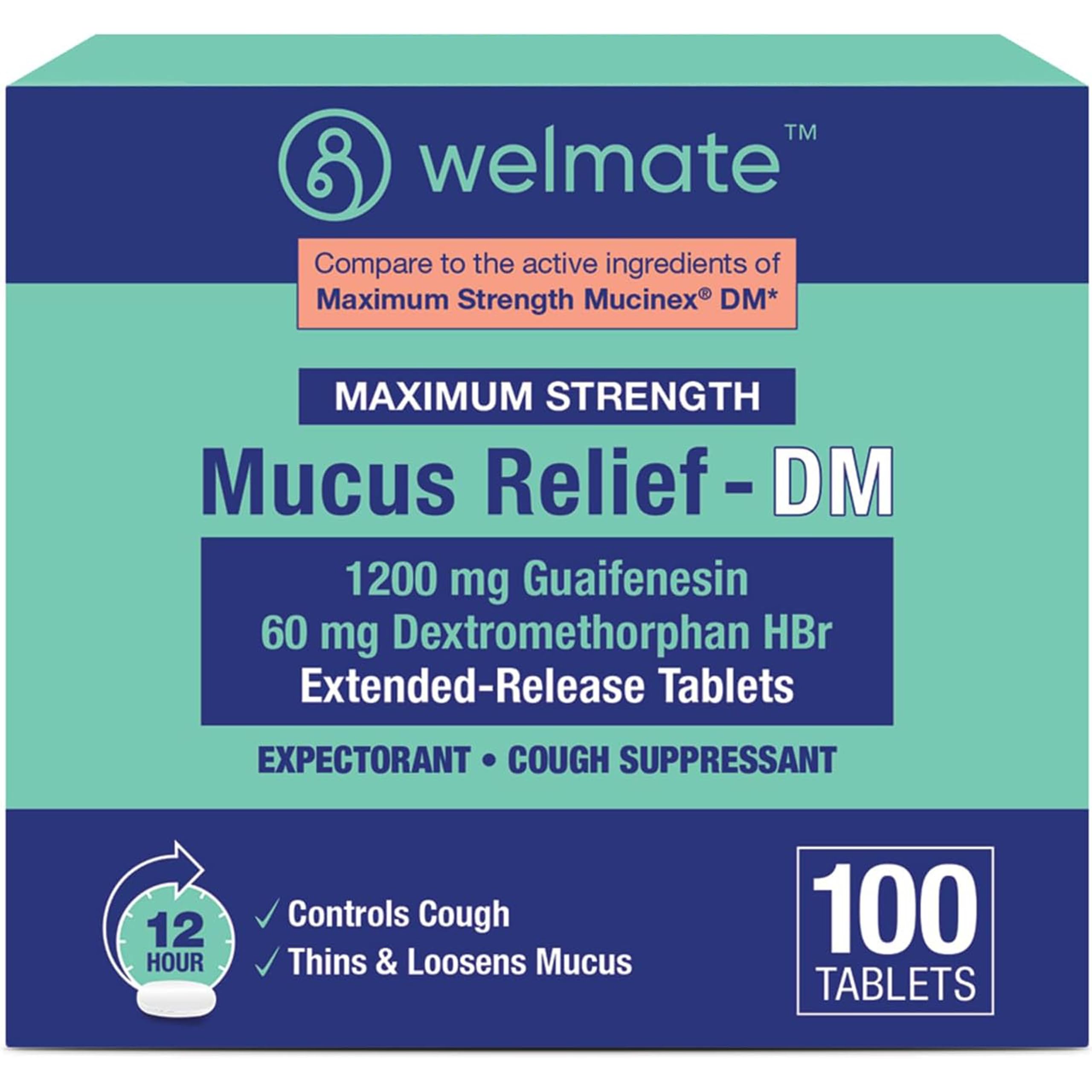 WELMATE Maximum Strength Mucus Relief DM - 1200mg Guaifenesin & 60mg DXM, 12-Hr Cough Suppressant & Expectorant, Bi-Layer Tablet