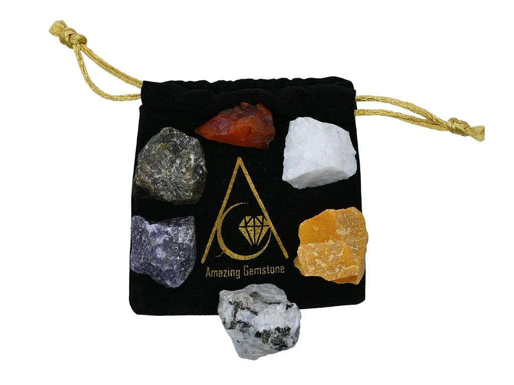Crystals for Teenagers Manifestation, Set of 6 Labradorite, Lepidolite, Rainbow Moonstone, Carnelian, White Agate and Yellow Jas
