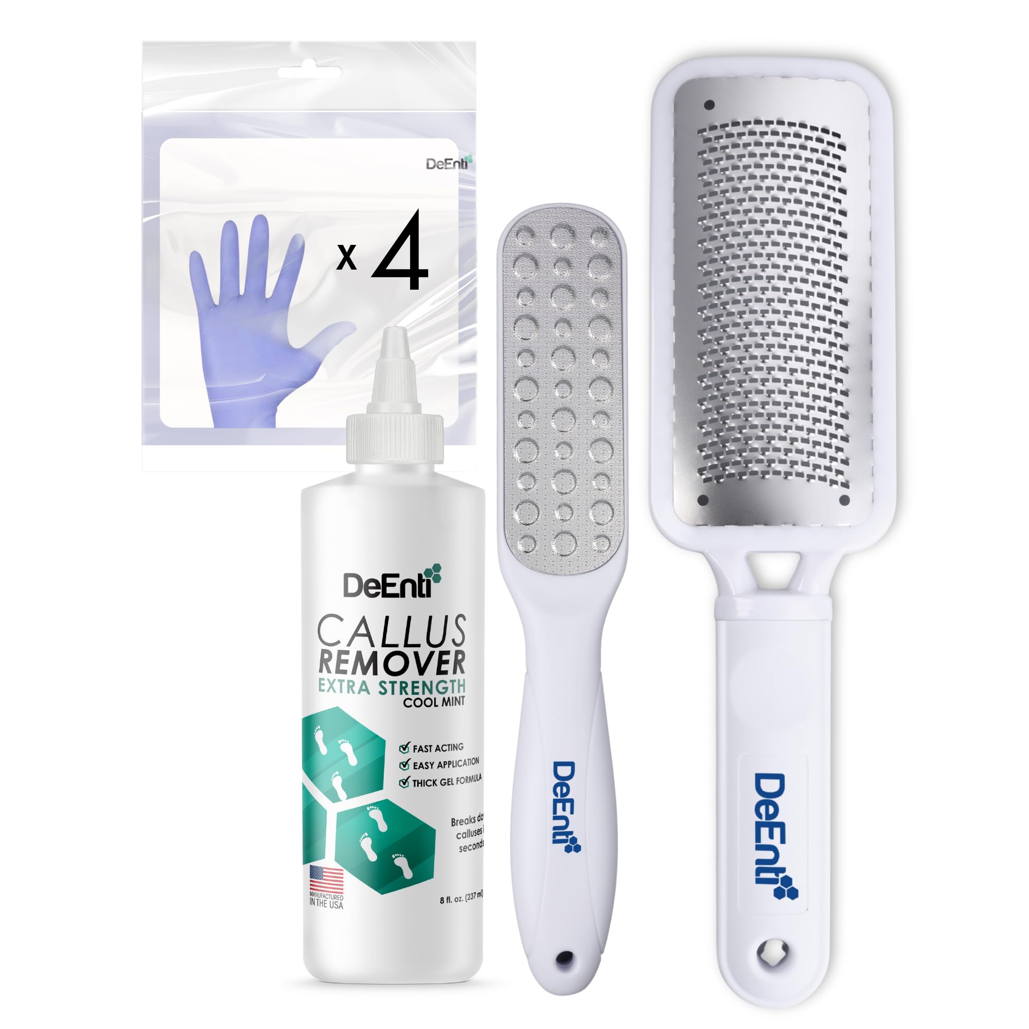 DeEnti Callus Maintenance Pack, Bundle Includes Mint Scented Callus Remover, Metal Foot Rasp, Foot File, and 4 Pairs of Gloves, 