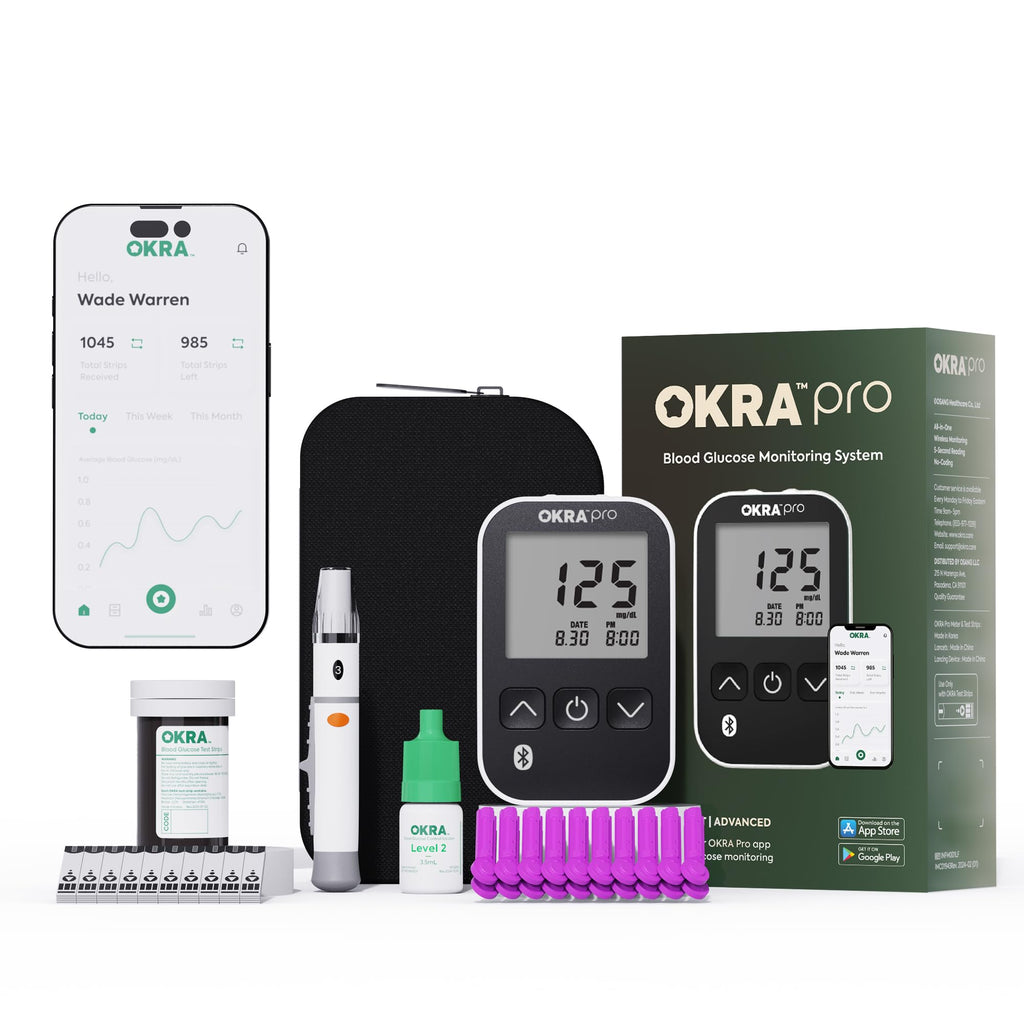 OKRA PRO Blood Sugar Monitor Kit - 5s Fast Glucose Results, No Coding, Strip Ejection, App for Tracking, 25 Test Strips, Home Di