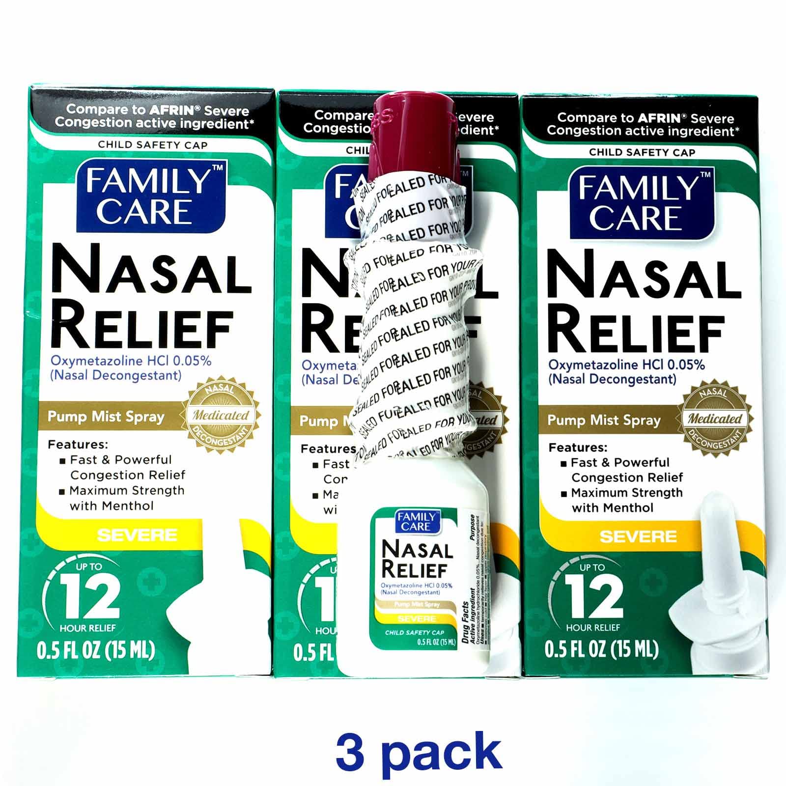 FamilyCare Nasal Relief Spray, Pump Mist, Anti-drip, Severe Congestion, (Oxymetazoline HCI) 12 Hours, 3 Pack