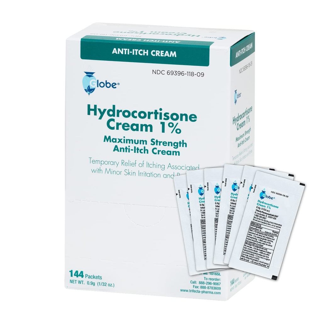 Globe (Box 144 Hydrocortisone 1% Maximum Strength Cream, (0.9g Single Packet) Anti-Itch Cream for Redness, Swelling, Itching, Ra