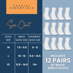 Special Essentials 12 Pairs Cotton Diabetic Ankle Socks - Non-Binding With Extra Wide Top For Men and Women White 10-13
