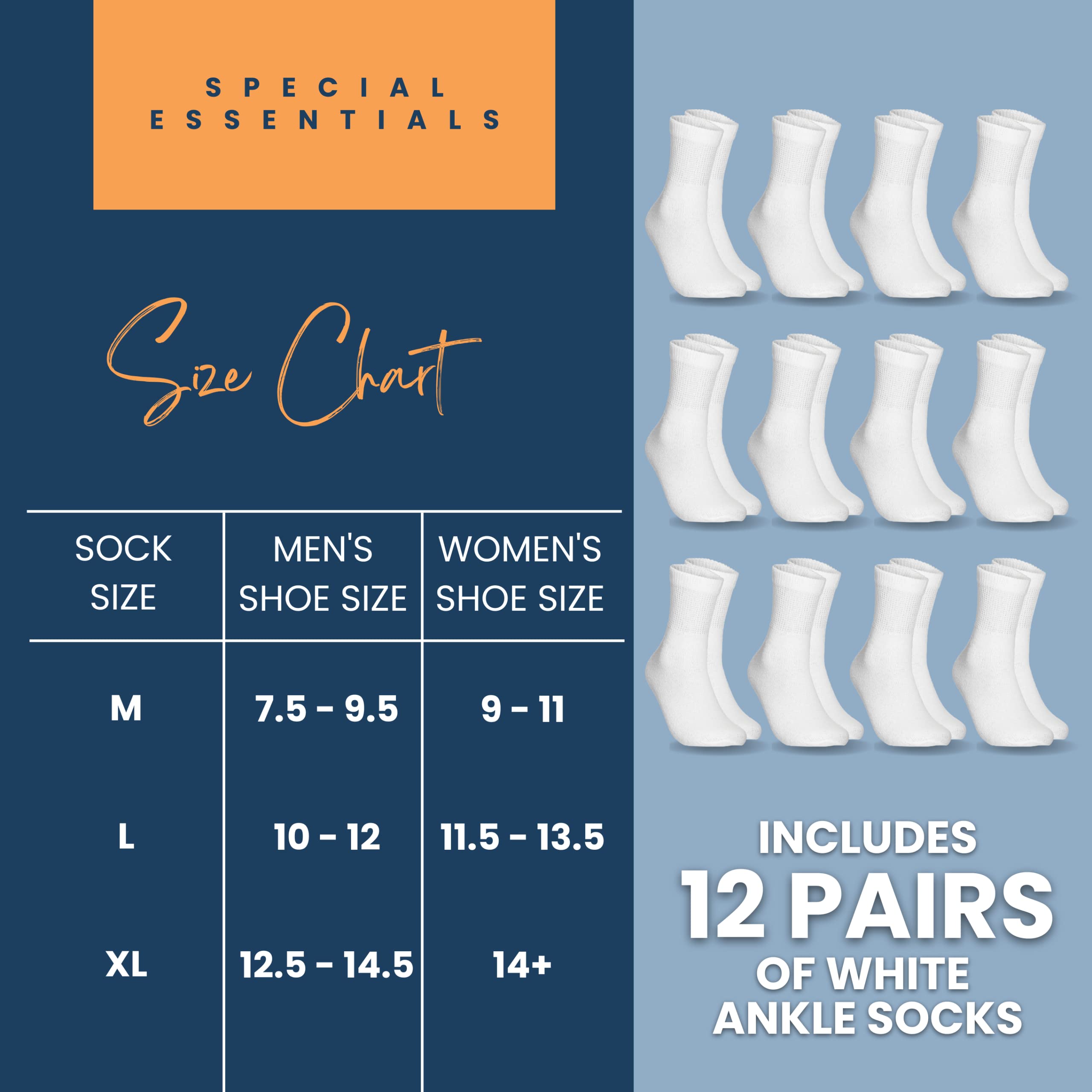 Special Essentials 12 Pairs Cotton Diabetic Ankle Socks - Non-Binding With Extra Wide Top For Men and Women White 10-13