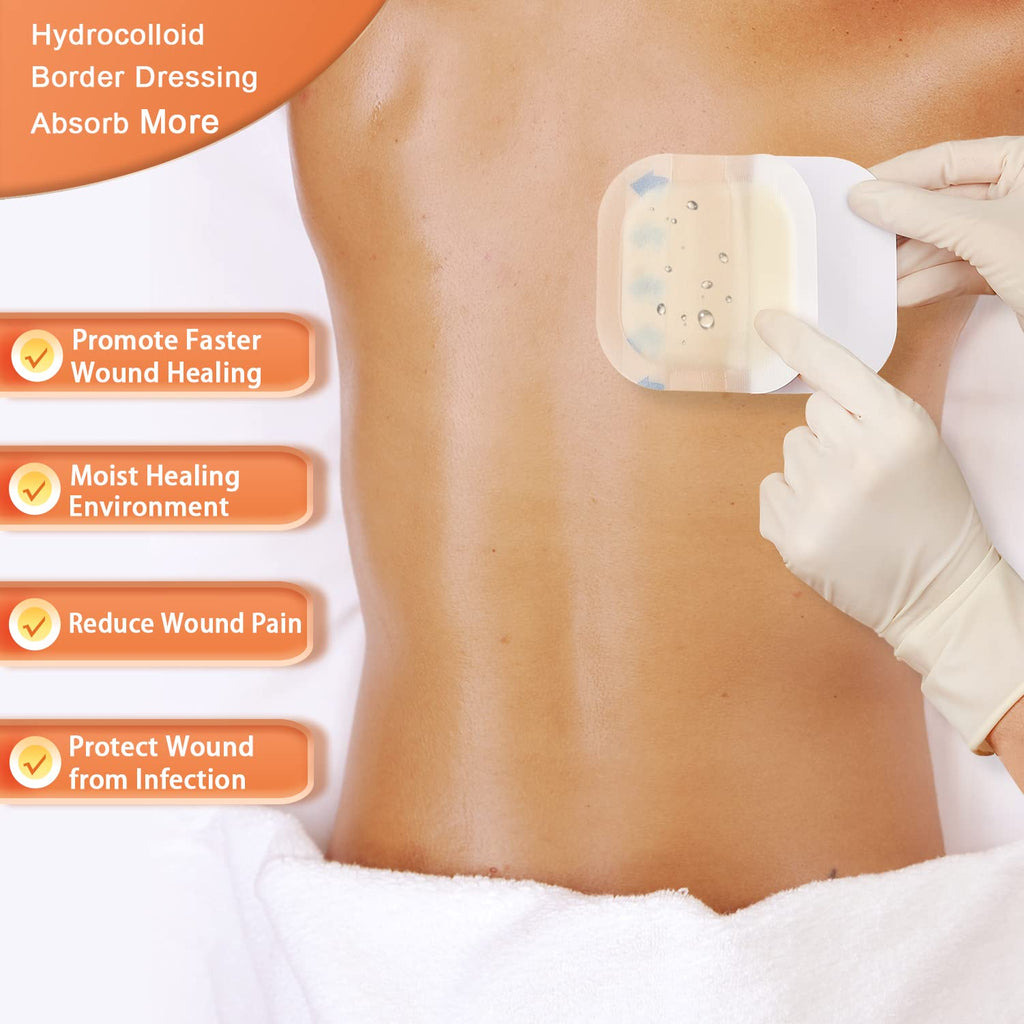 Hydrocolloid Bandage, Hydrocolloid Wound Dressing with Border 4x4 for Light to Medium Exudate Wound, Pressure Ulcer, Bed Sor