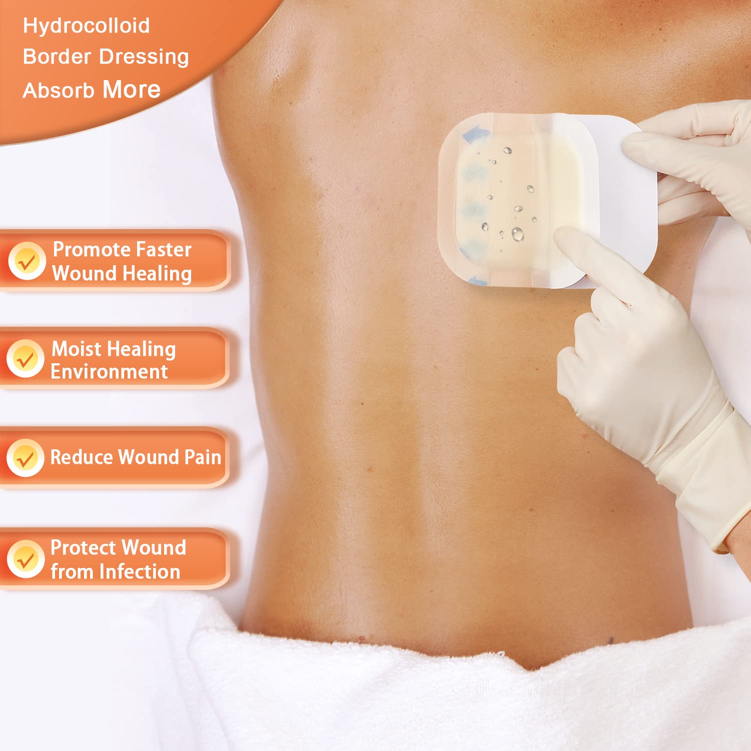 Hydrocolloid Bandage, Hydrocolloid Wound Dressing with Border 4x4 for Light to Medium Exudate Wound, Pressure Ulcer, Bed Sor